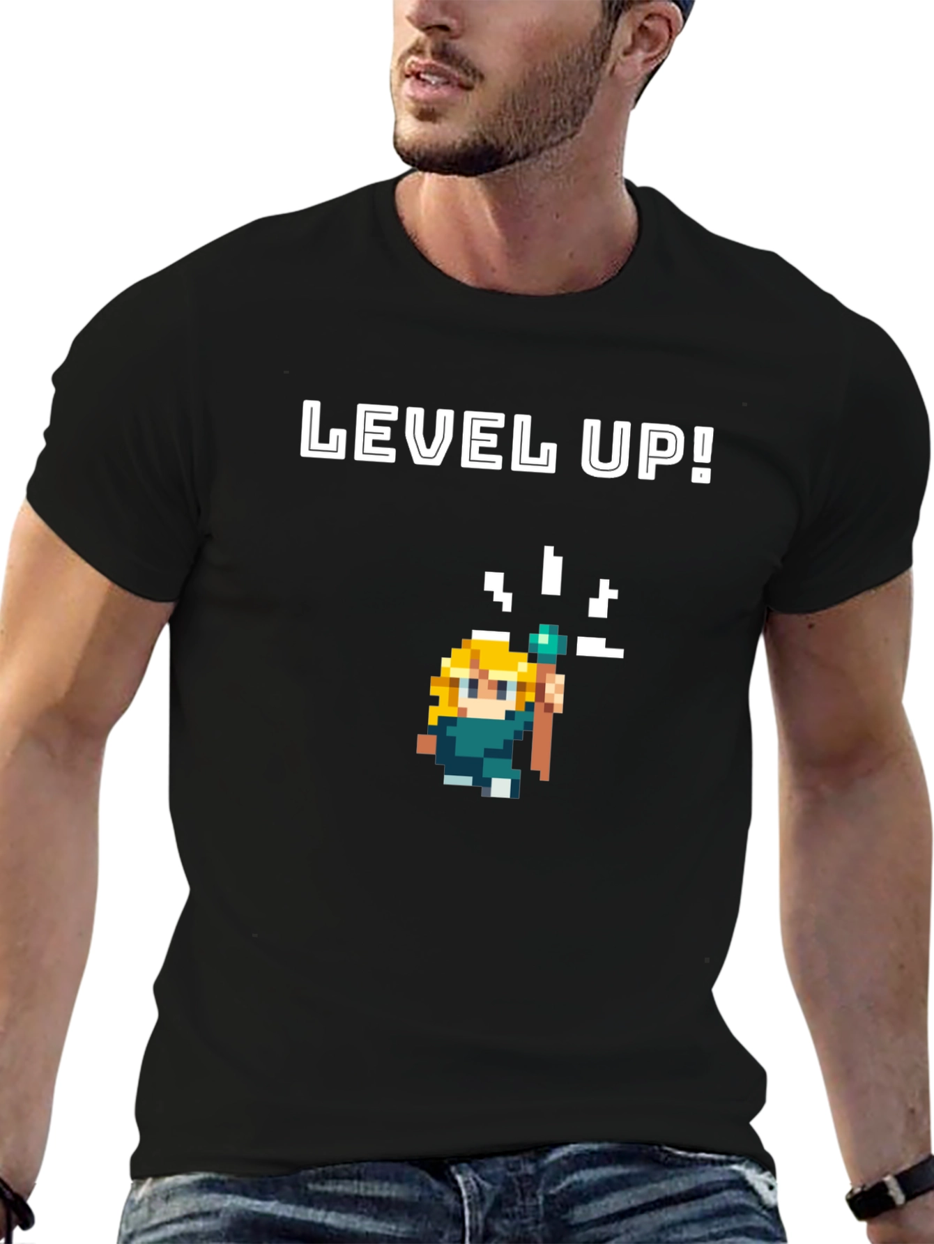 Level Up Pixel Art Black Graphic Tee