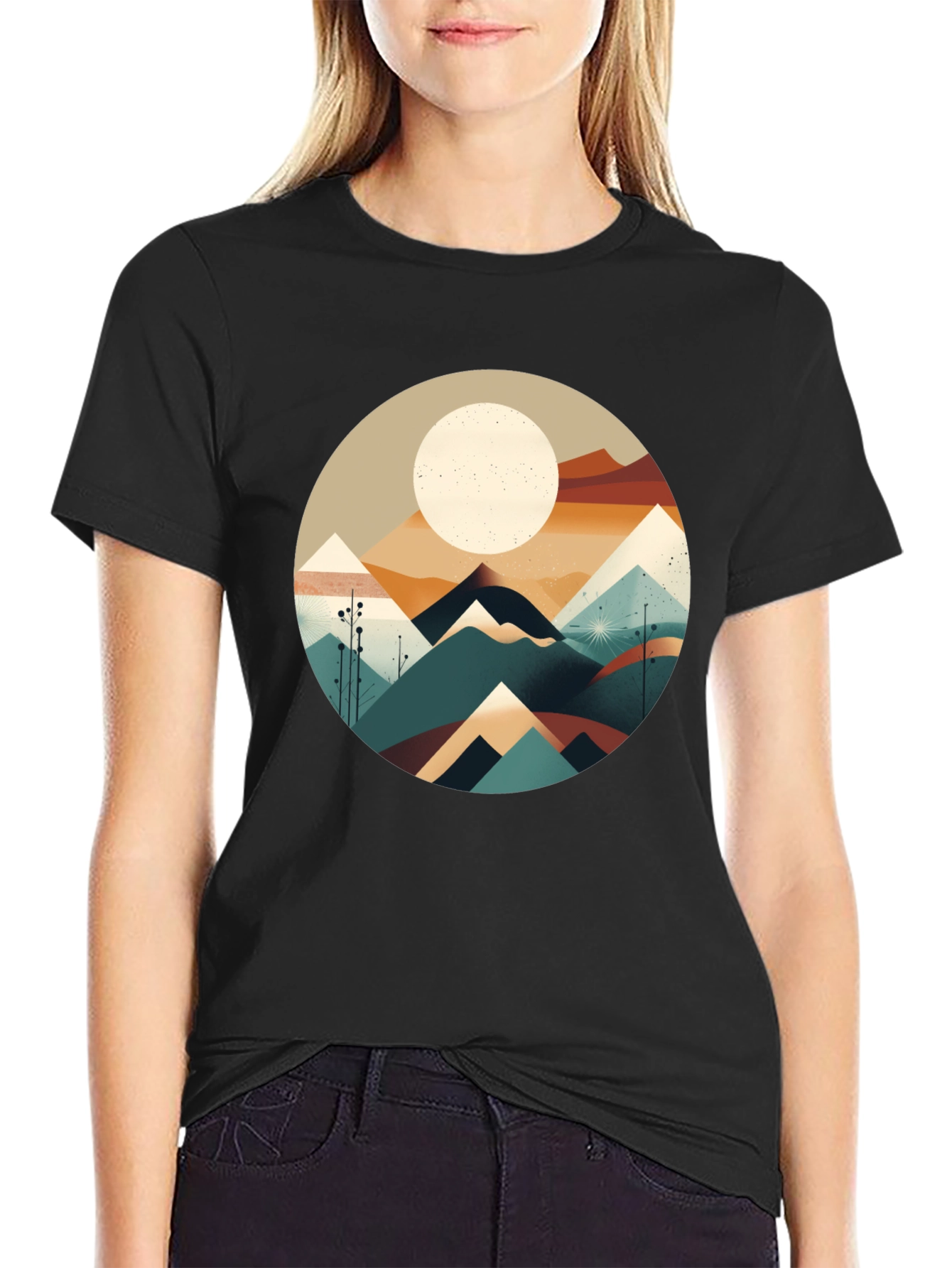 Geometric Mountain & Moon Graphic Tee - Black