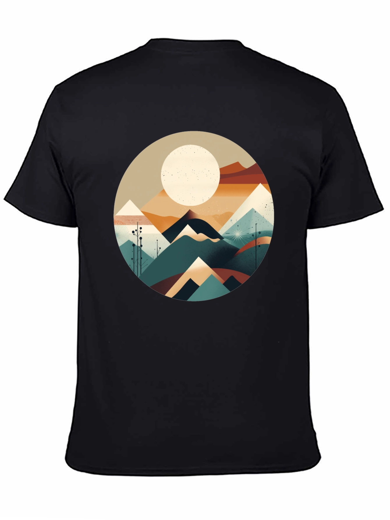 Geometric Mountain & Moon Graphic Tee - Black