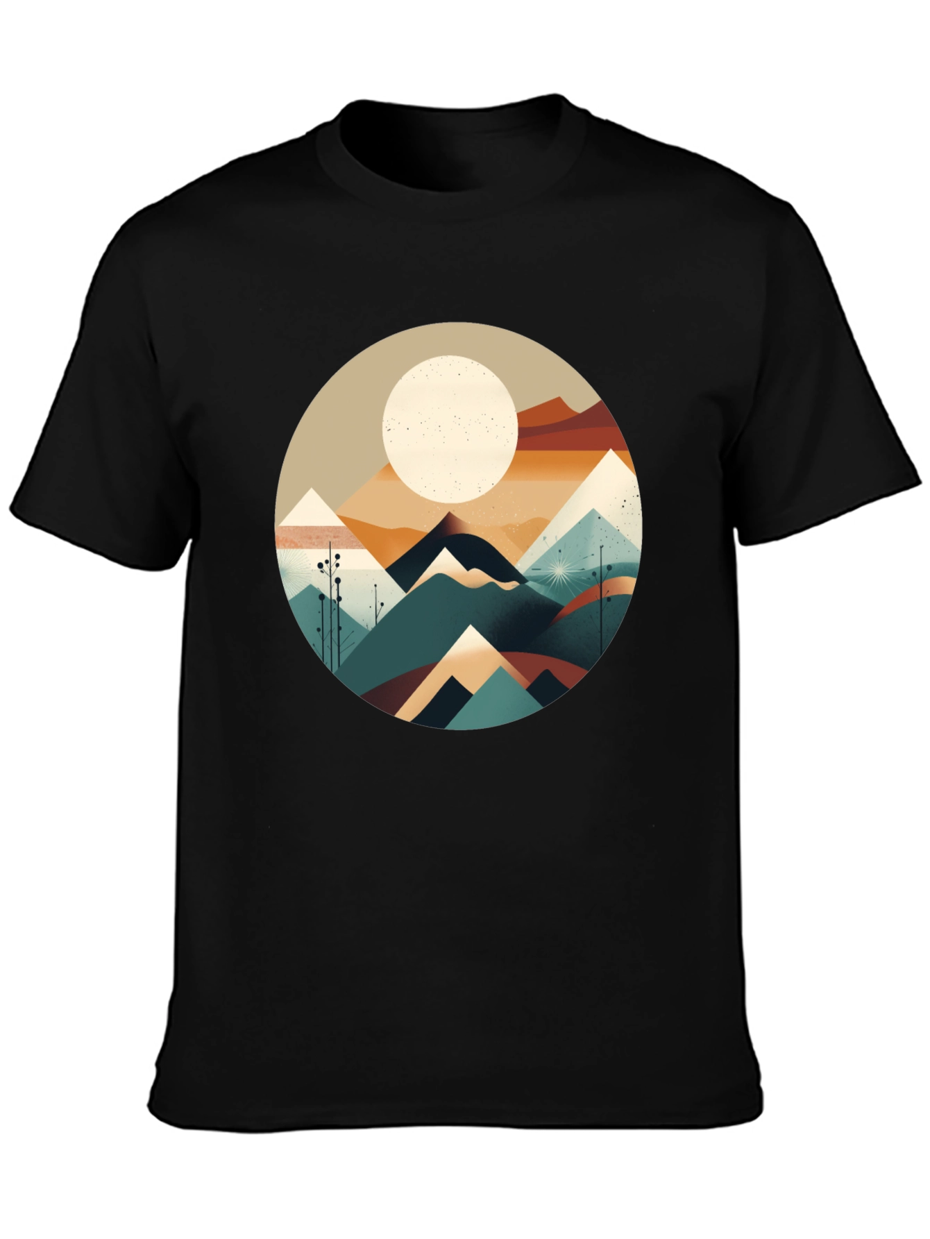 Geometric Mountain & Moon Graphic Tee - Black