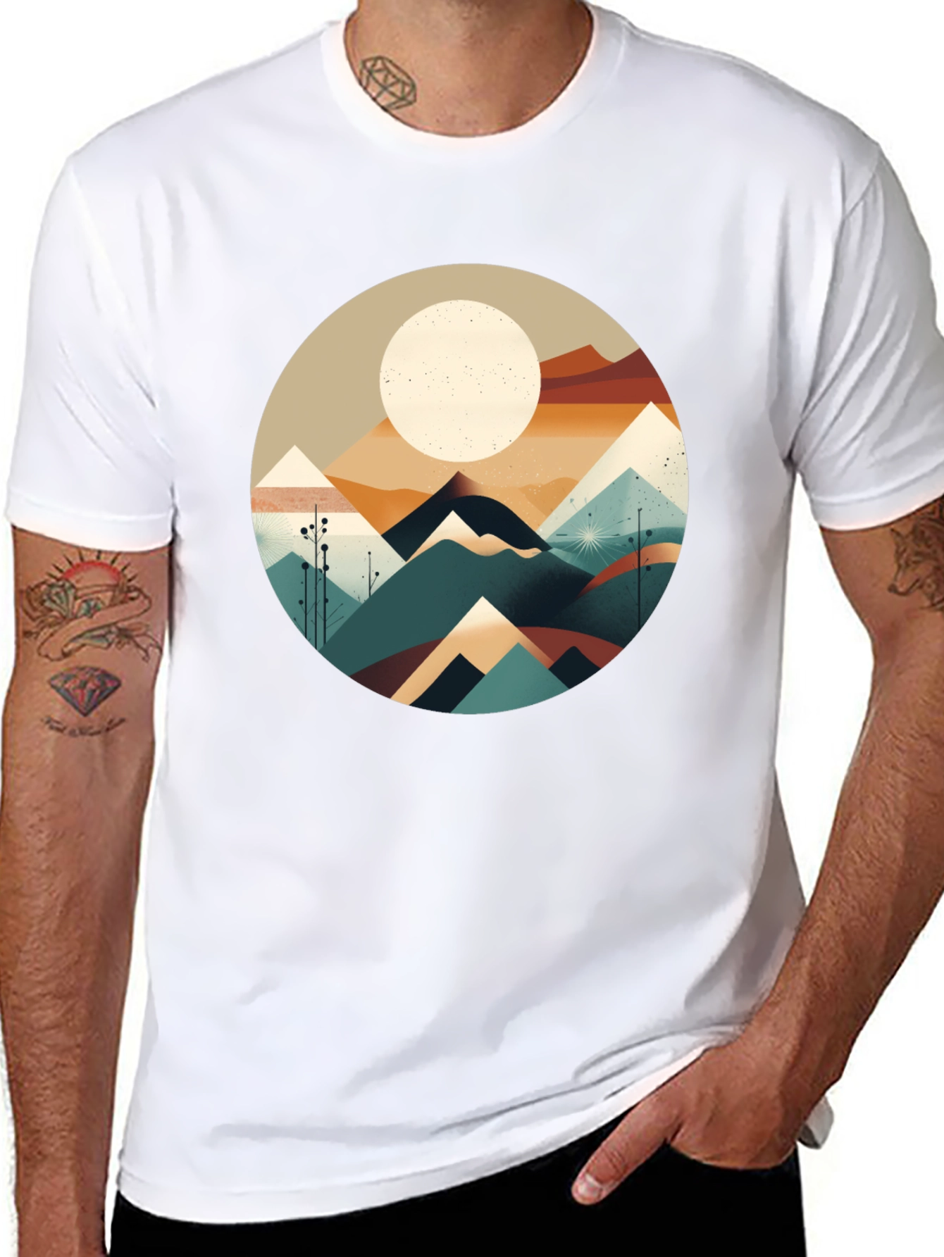 Geometric Mountain & Moon Graphic Tee - Black