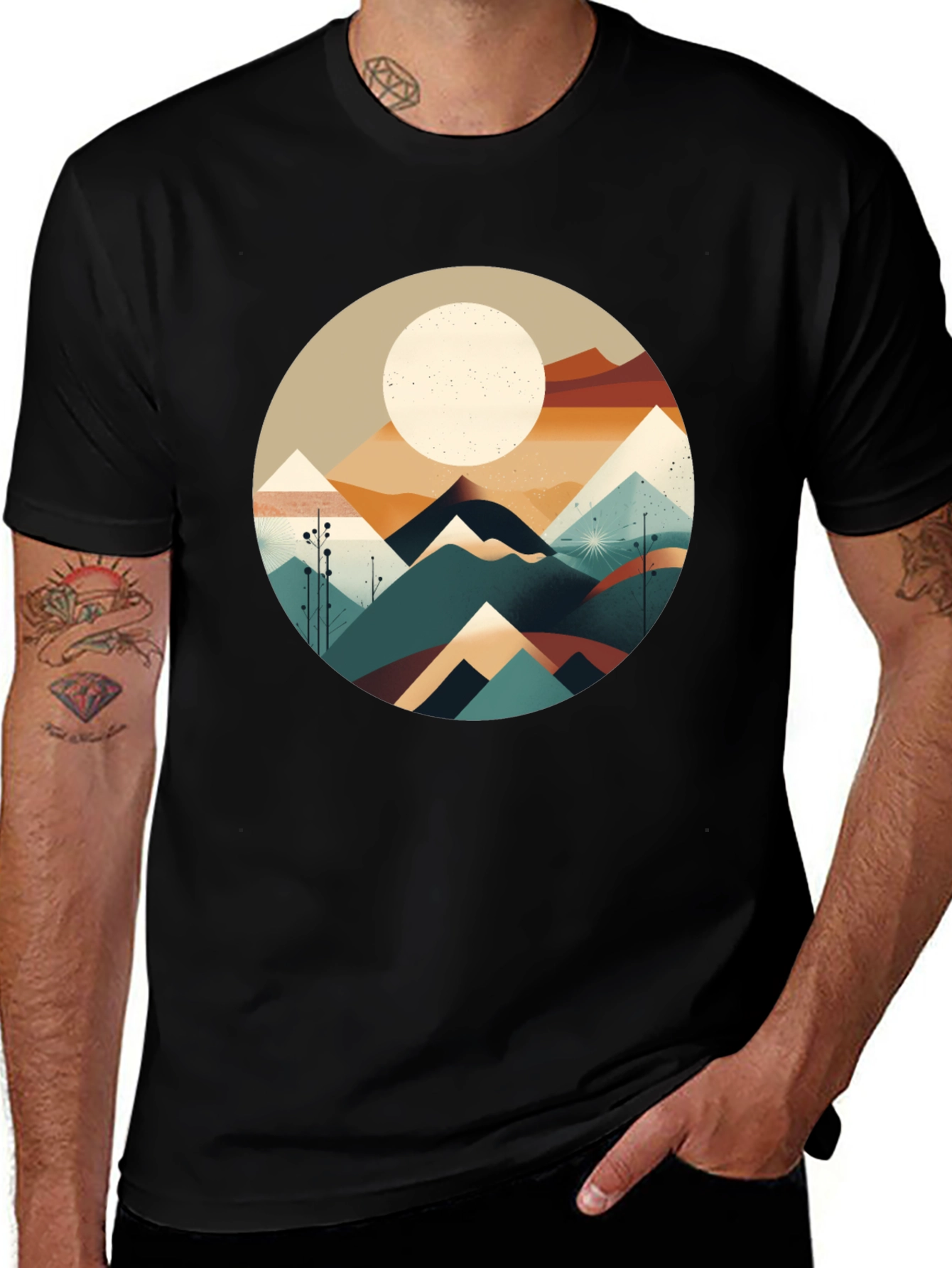 Geometric Mountain & Moon Graphic Tee - Black
