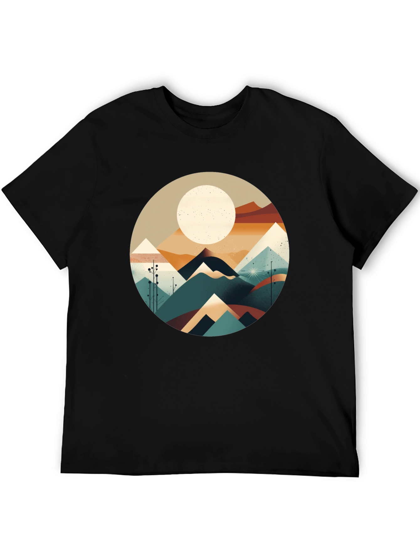 Geometric Mountain & Moon Graphic Tee - Black