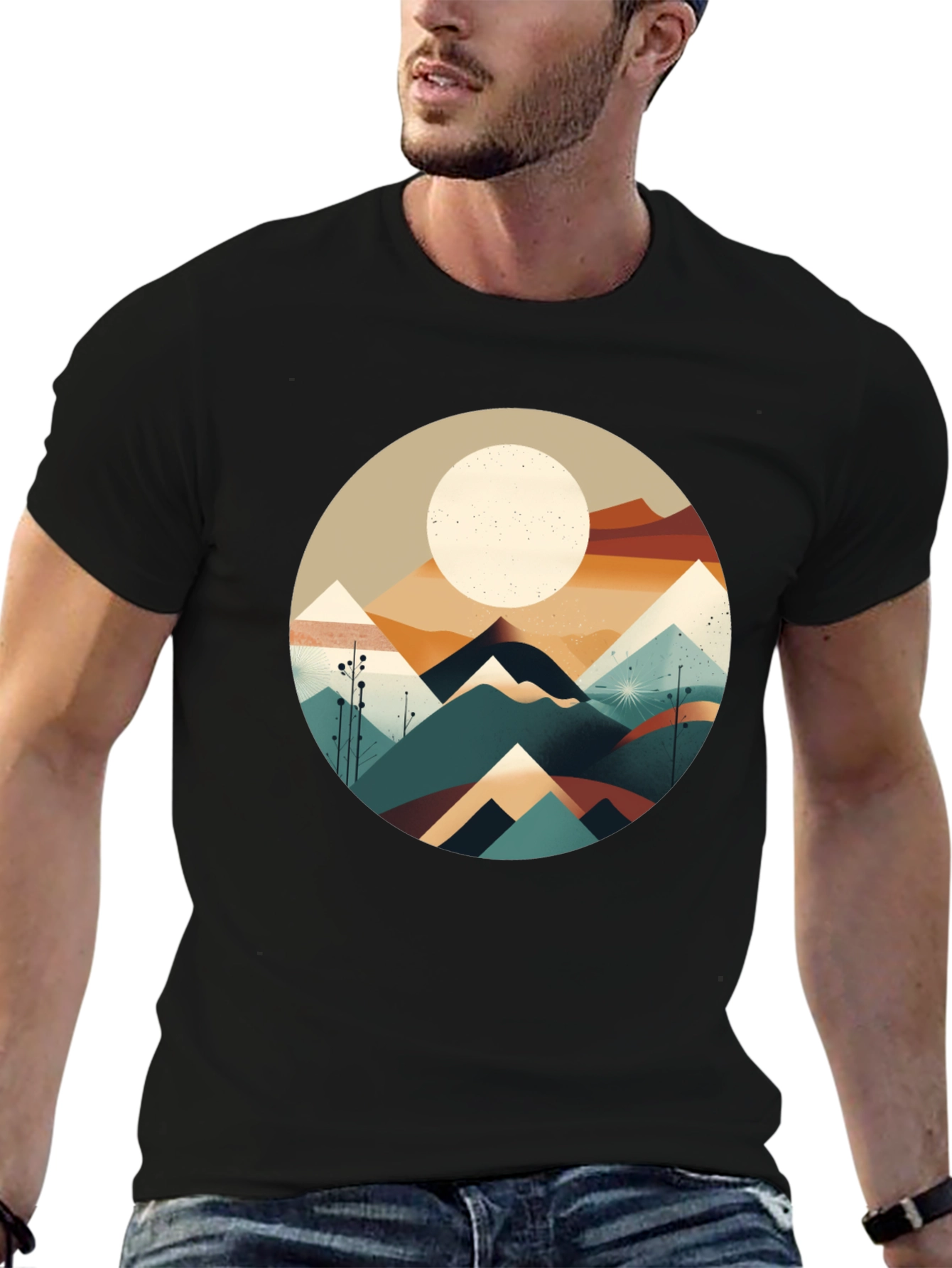 Geometric Mountain & Moon Graphic Tee - Black