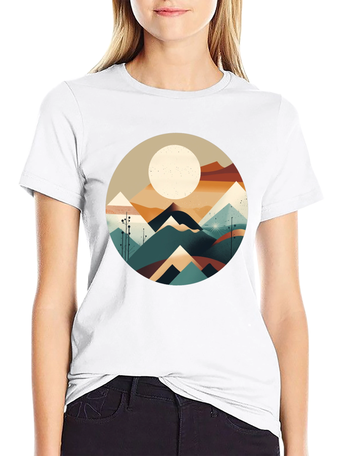 Geometric Mountain & Moon Graphic Tee - Black