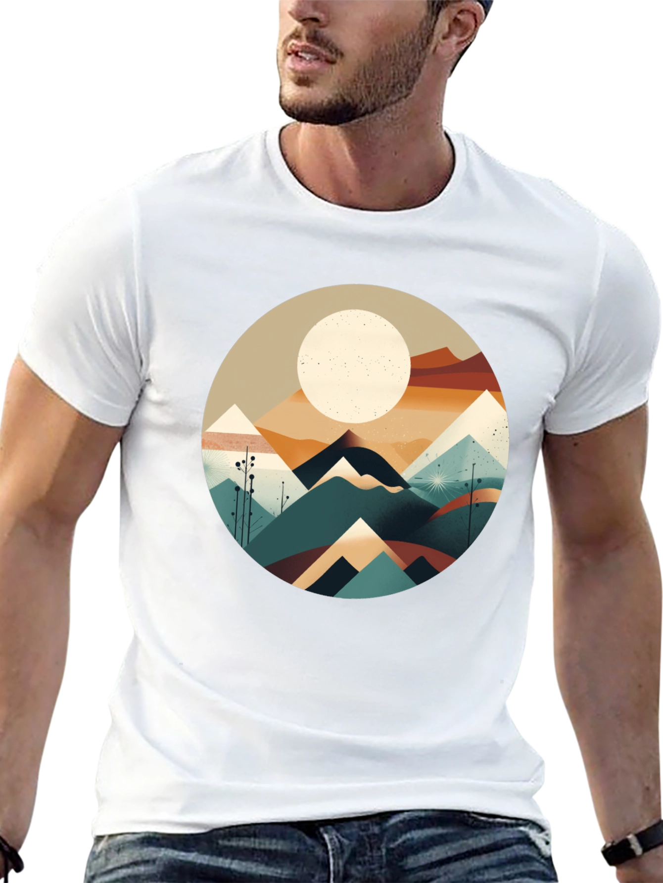 Geometric Mountain & Moon Graphic Tee - Black