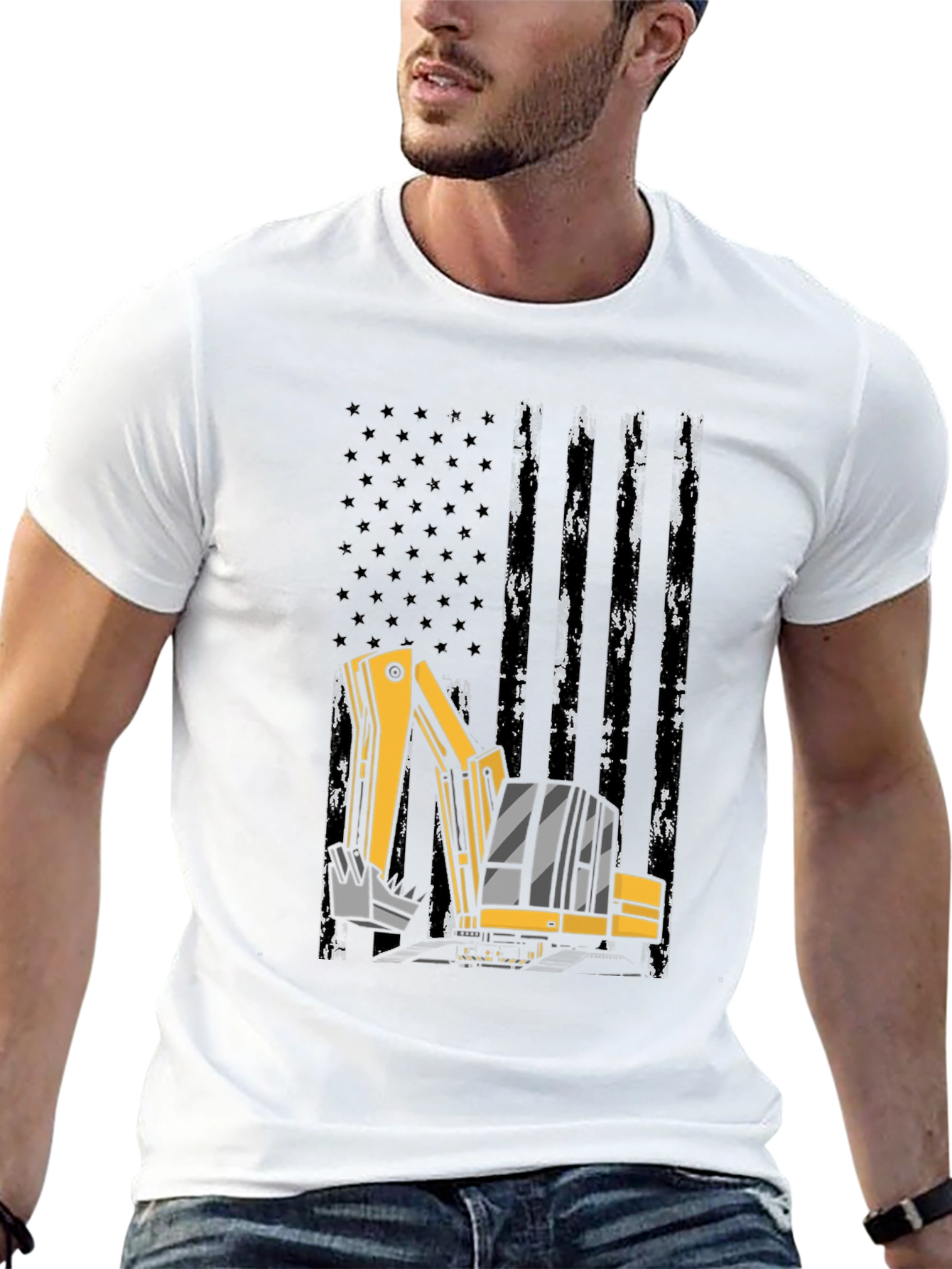 Excavator American Flag Mens Black T-Shirt