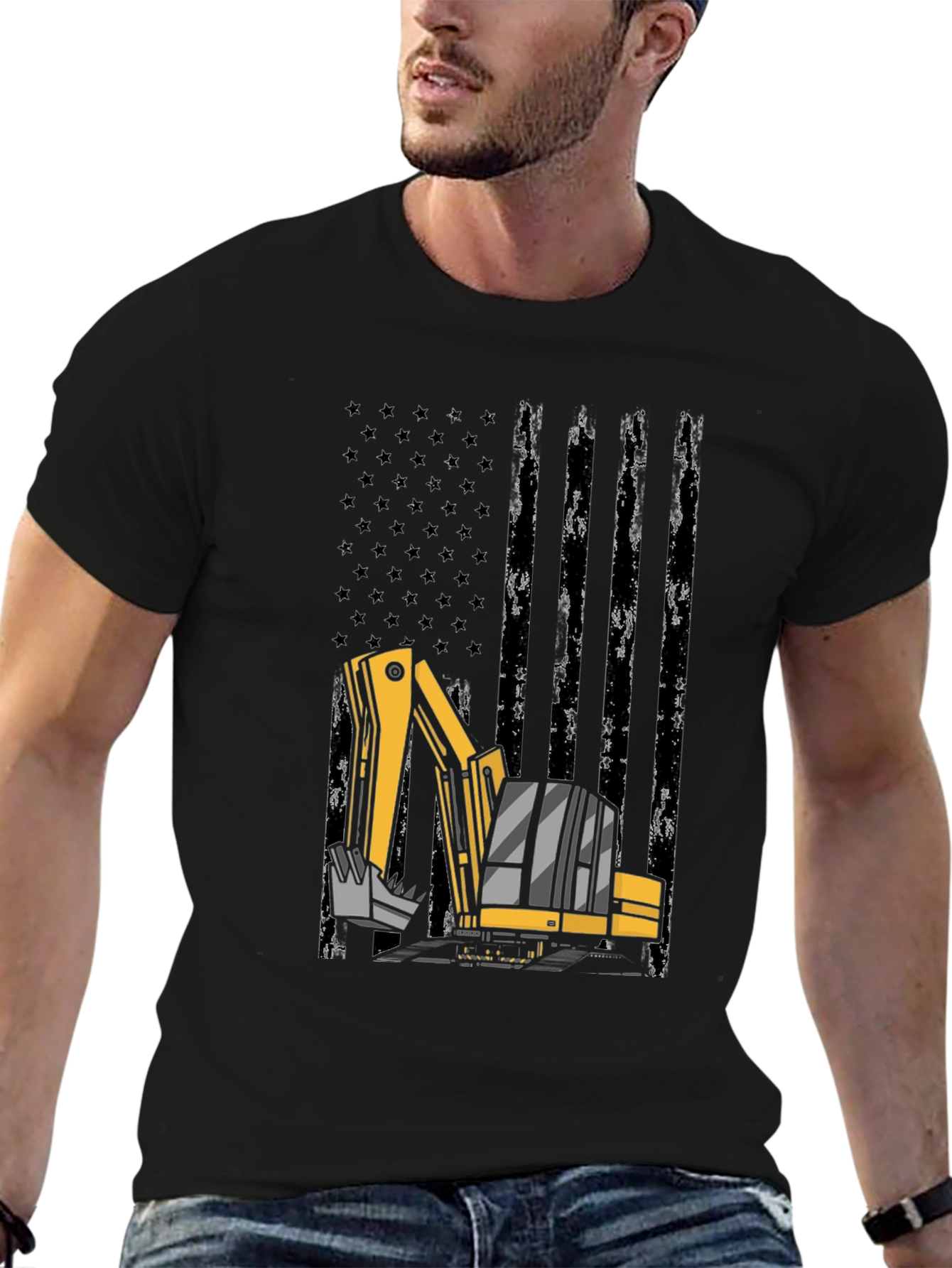Excavator American Flag Mens Black T-Shirt