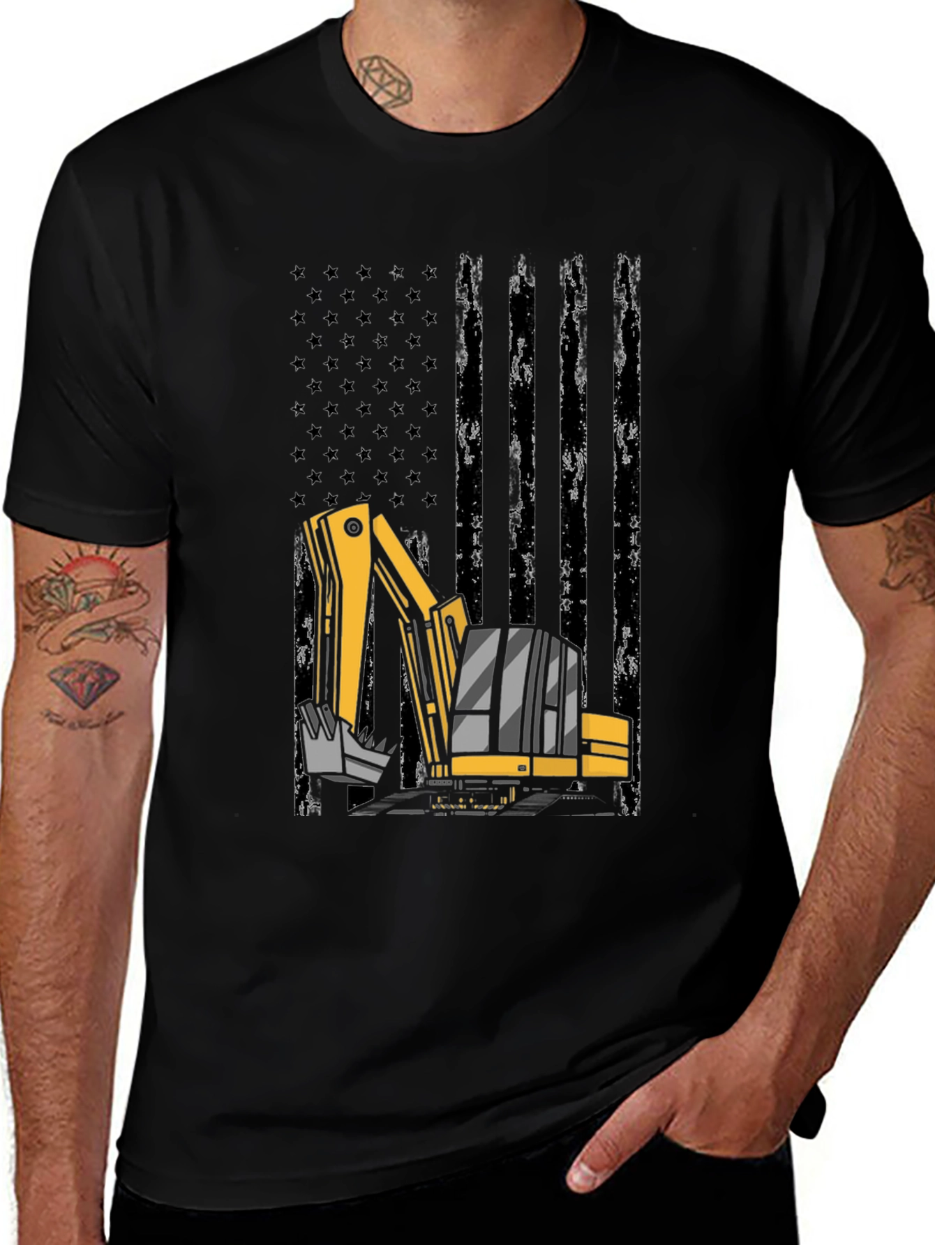 Excavator American Flag Mens Black T-Shirt