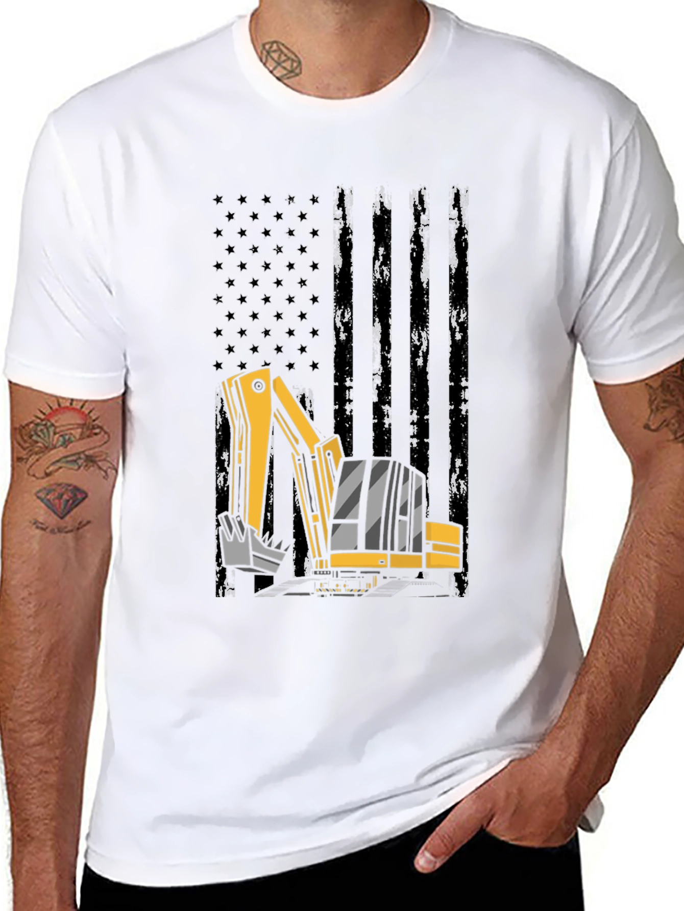 Excavator American Flag Mens Black T-Shirt
