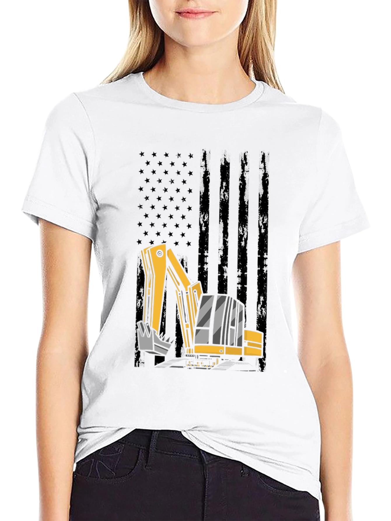 Excavator American Flag Mens Black T-Shirt