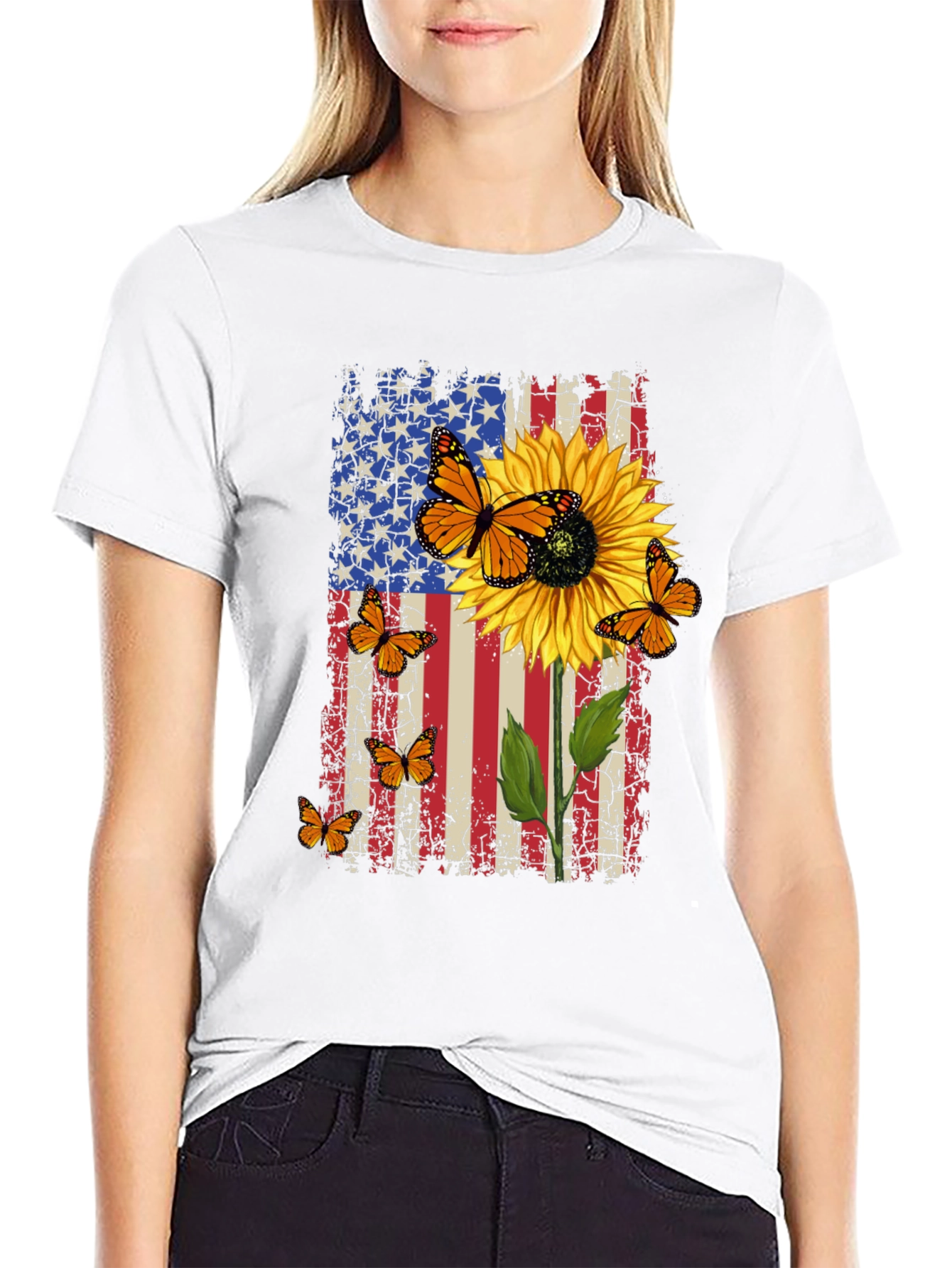 Patriotic Sunflower Butterfly Graphic T-Shirt