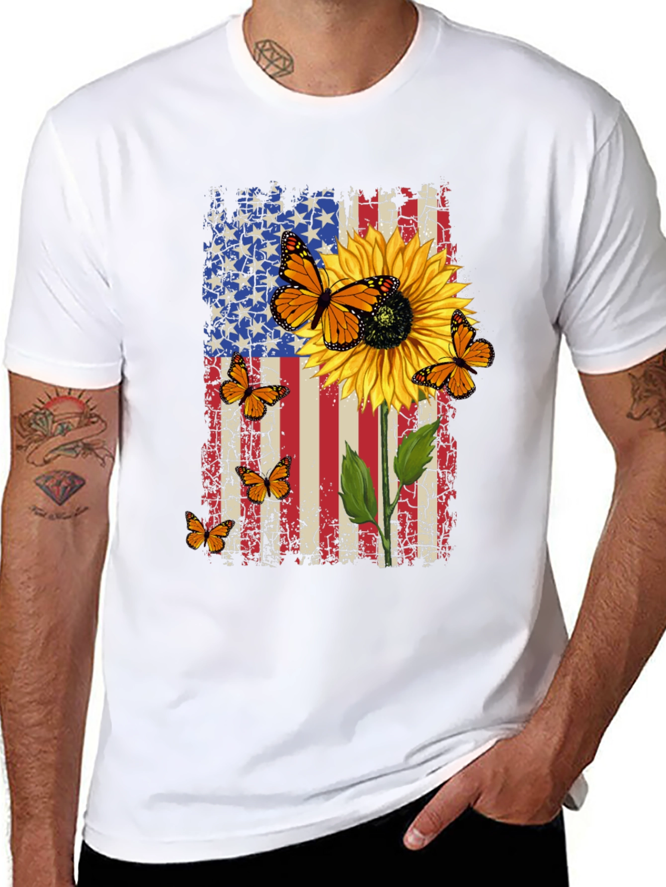 Patriotic Sunflower Butterfly Graphic T-Shirt