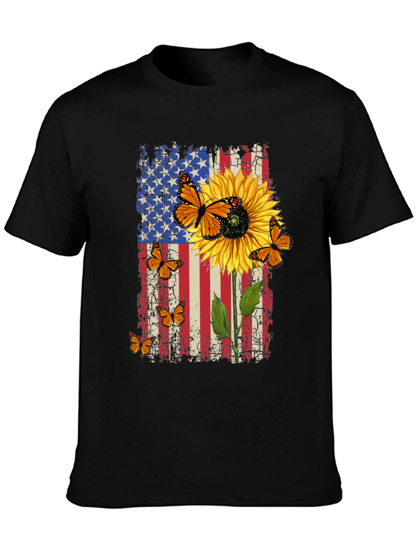 Patriotic Sunflower Butterfly Graphic T-Shirt