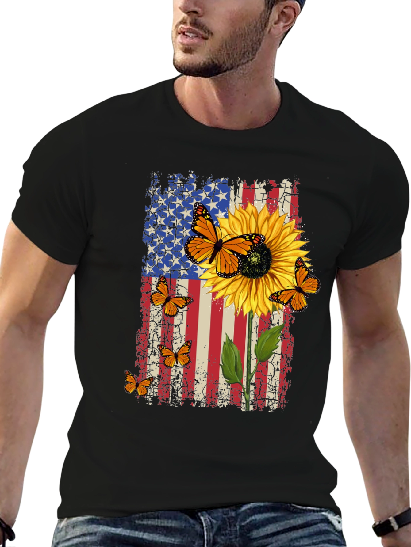 Patriotic Sunflower Butterfly Graphic T-Shirt
