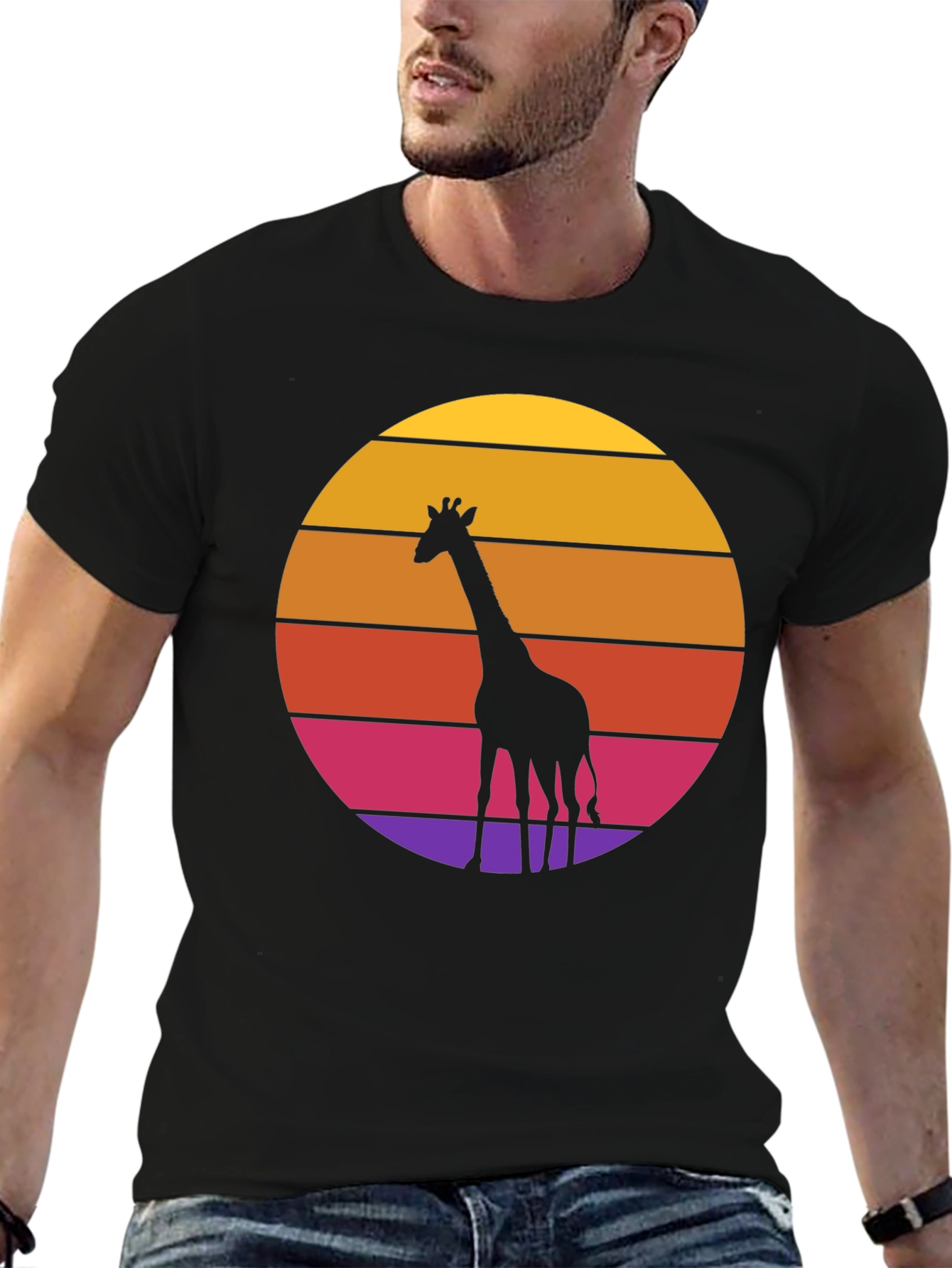 Giraffe Sunset Graphic T-Shirt - Black