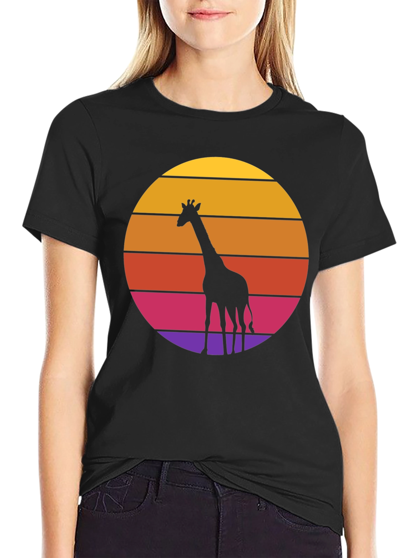 Giraffe Sunset Graphic T-Shirt - Black