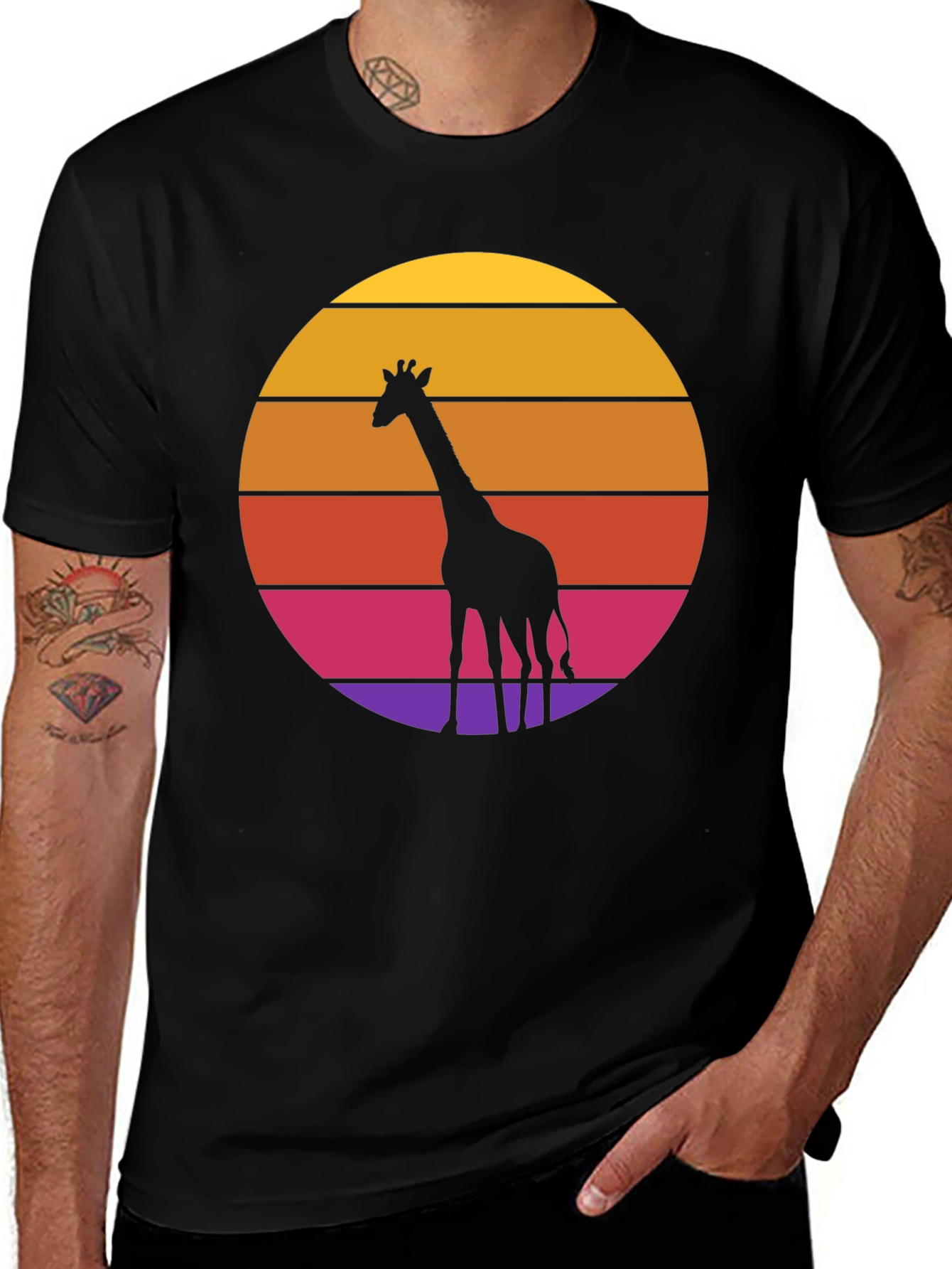 Giraffe Sunset Graphic T-Shirt - Black