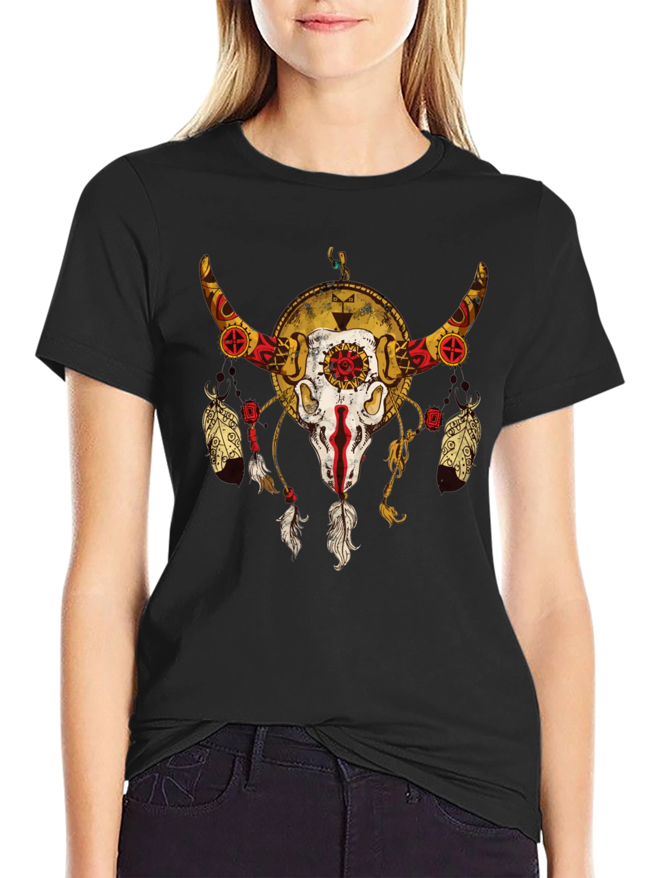 Skull and Feather Graphic Tee - Black