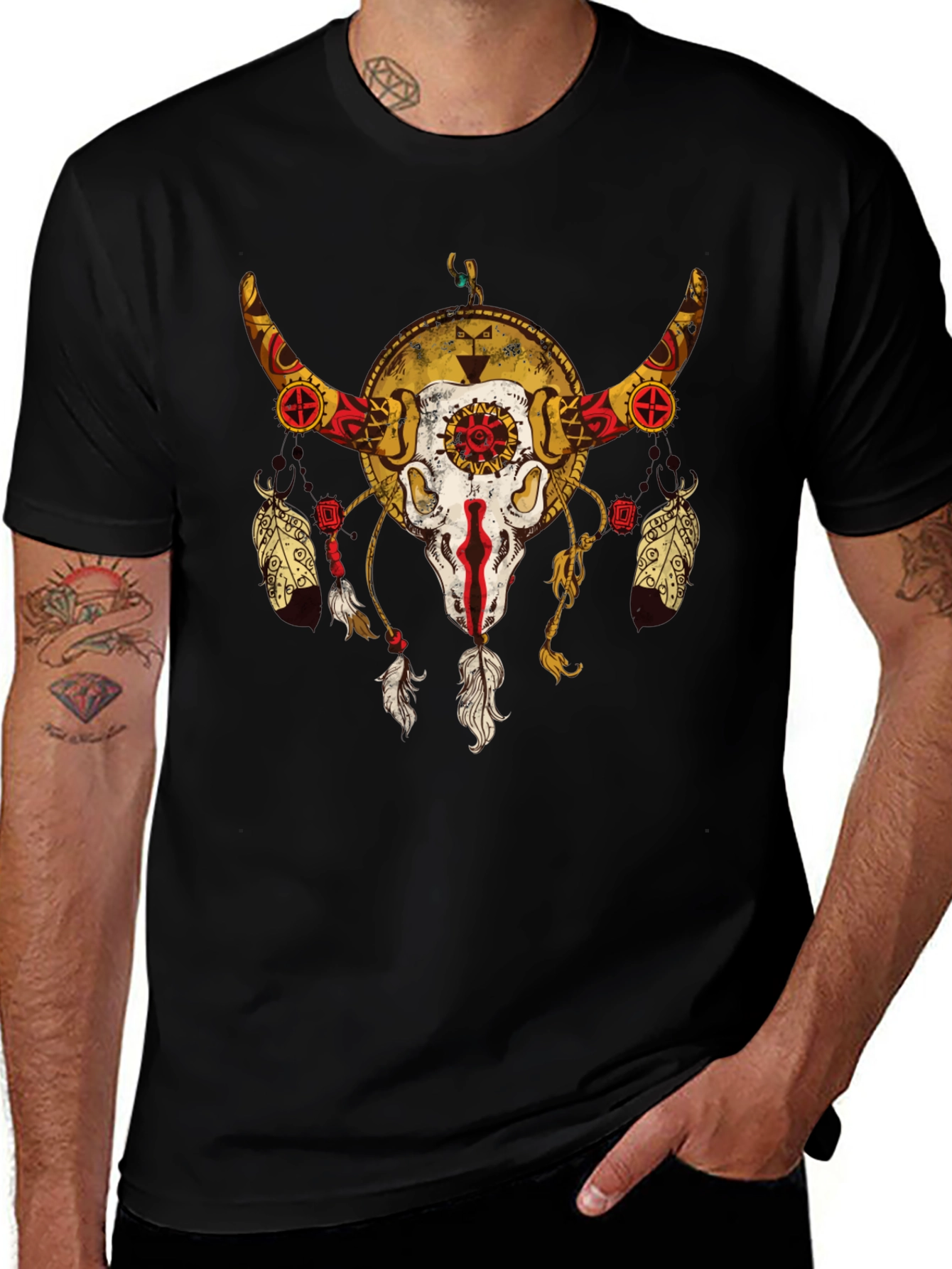 Skull and Feather Graphic Tee - Black