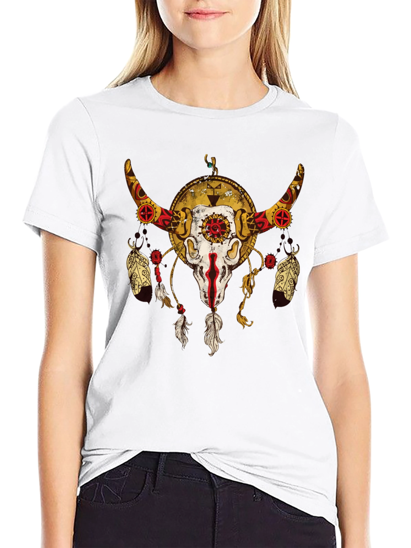 Skull and Feather Graphic Tee - Black