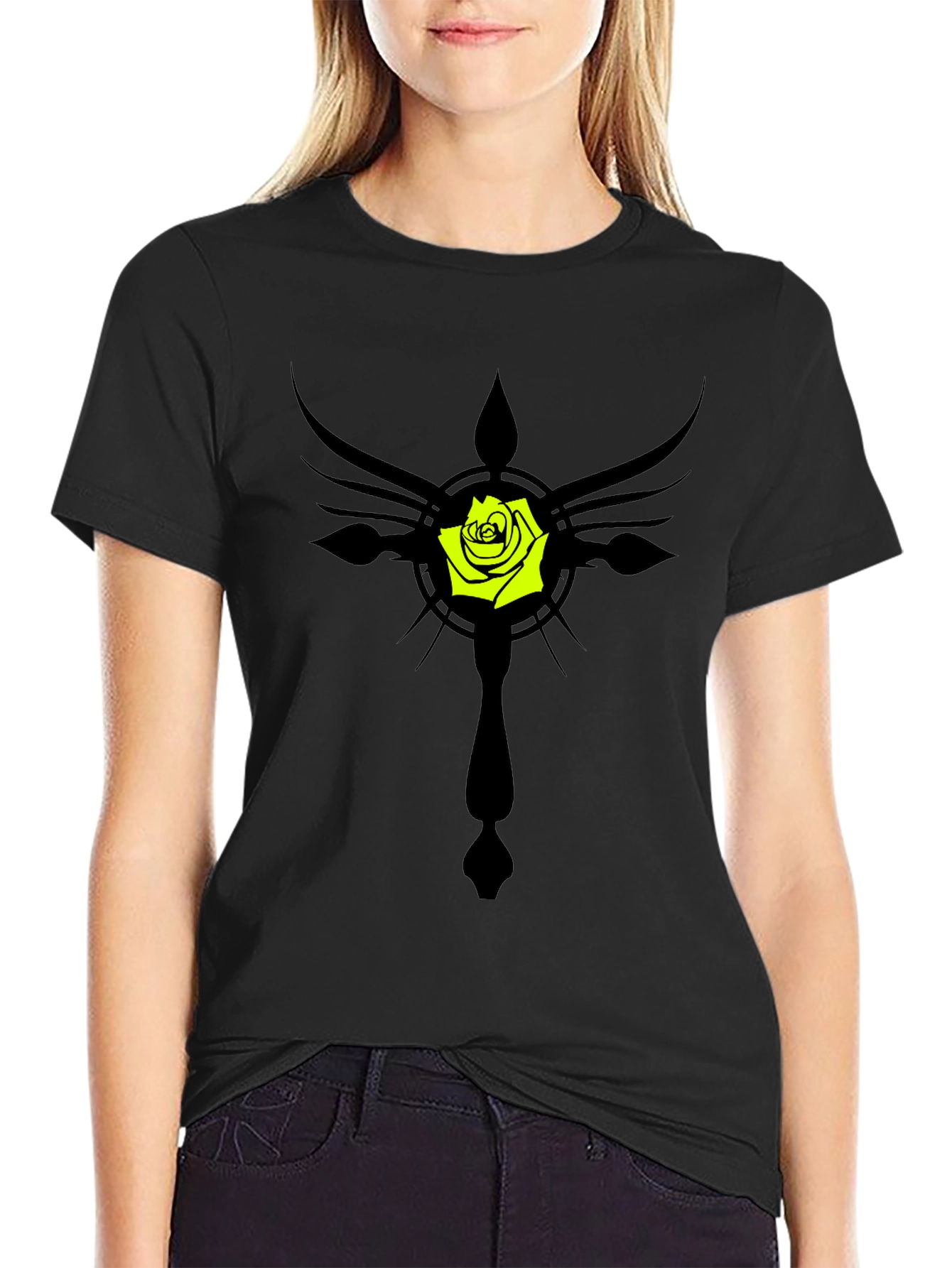Rose Cross Graphic Black T-Shirt