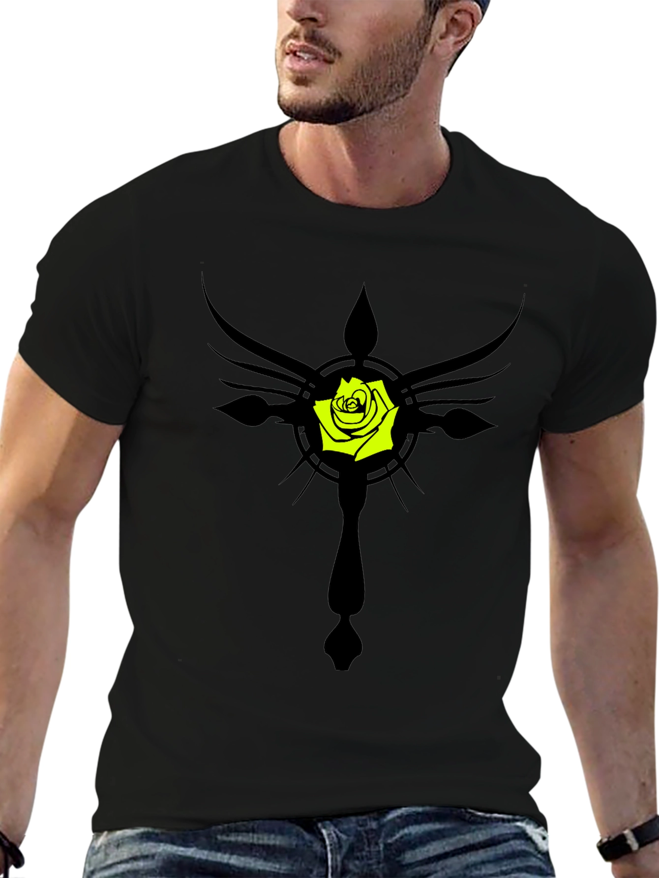 Rose Cross Graphic Black T-Shirt