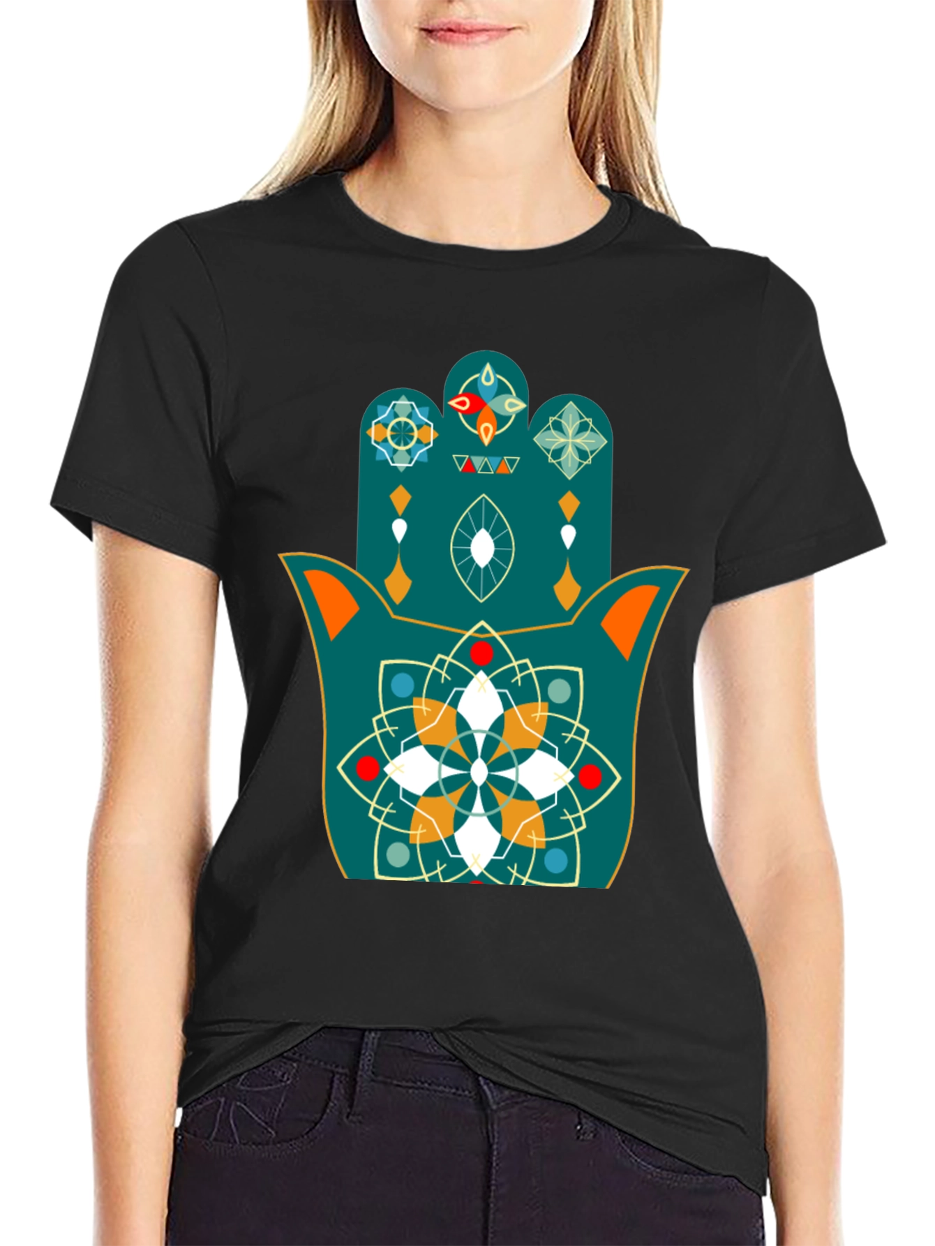 Hamsa Hand Graphic Print Black T-Shirt