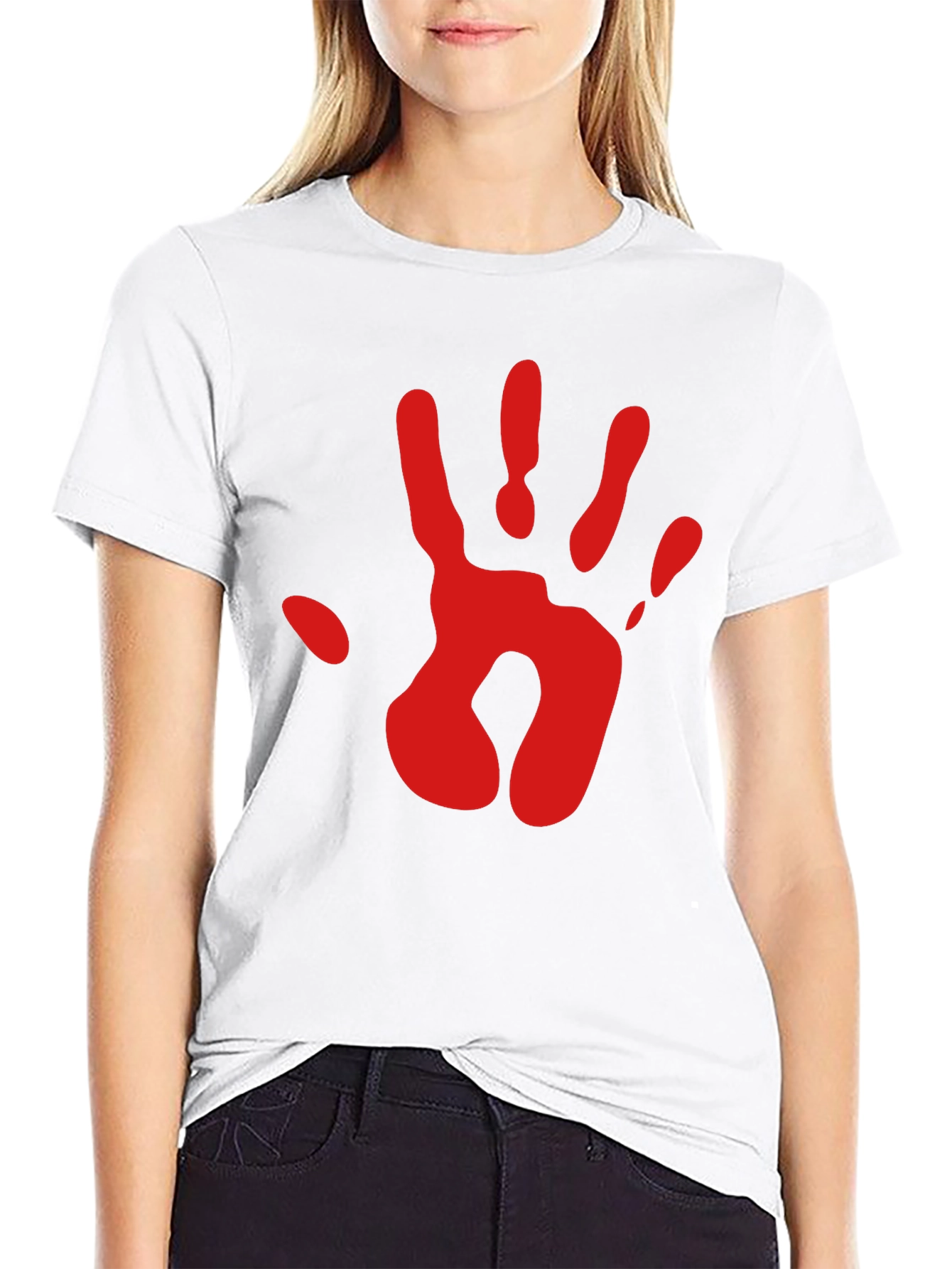 Red Handprint Graphic Tee - Black Cotton Blend T-Shirt