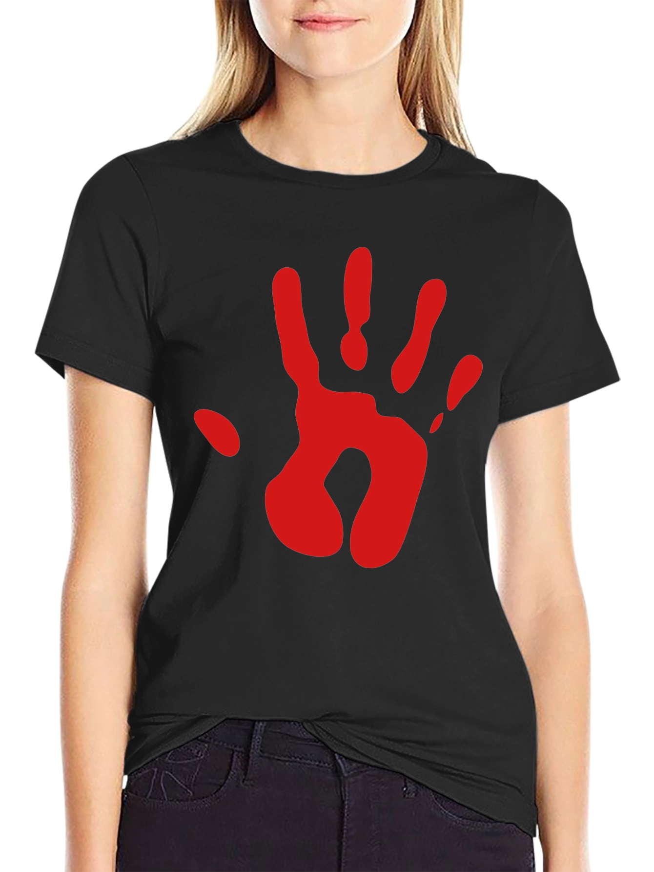 Red Handprint Graphic Tee - Black Cotton Blend T-Shirt