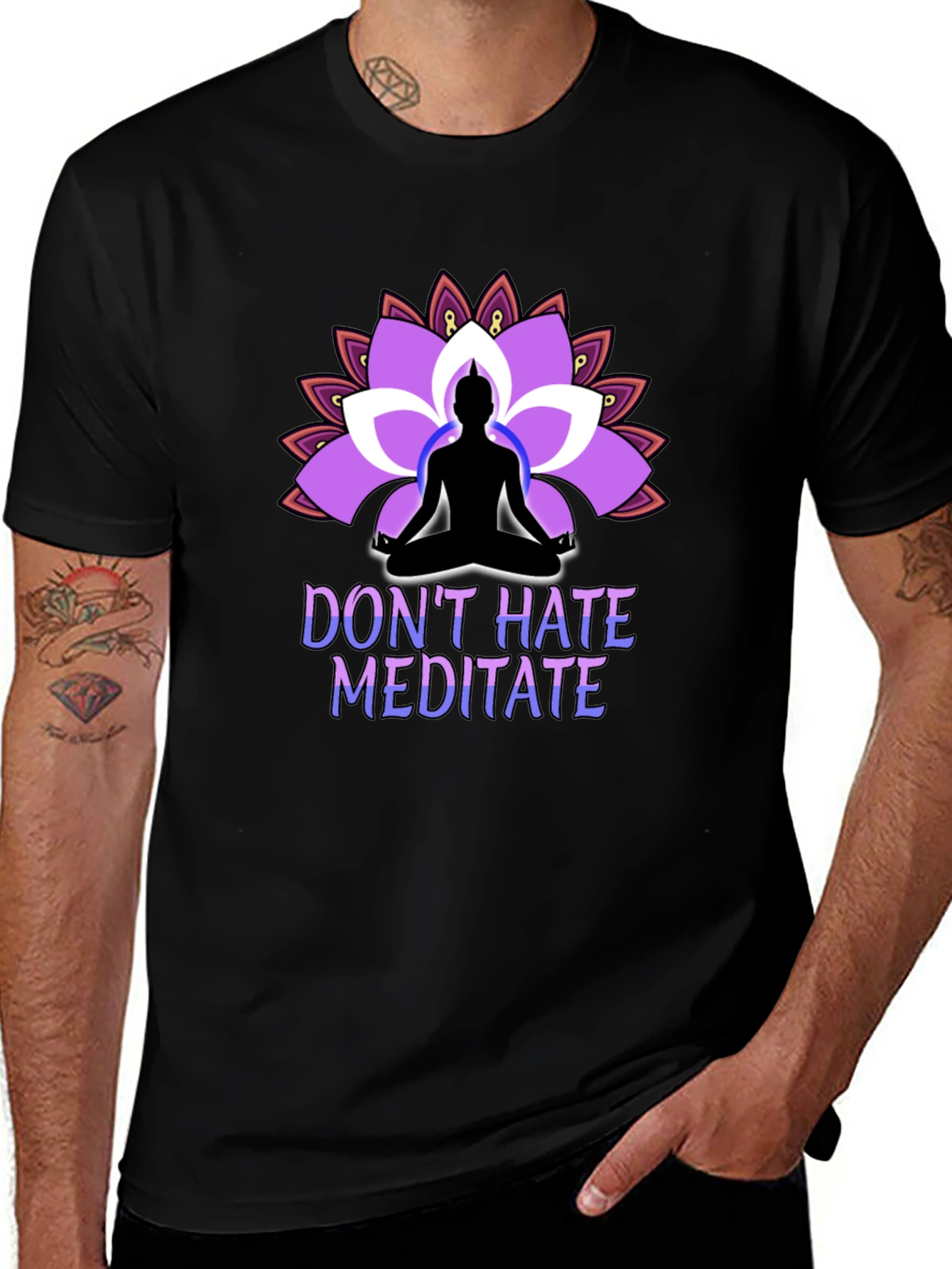 Dont Hate Meditate Black T-Shirt Lotus Design
