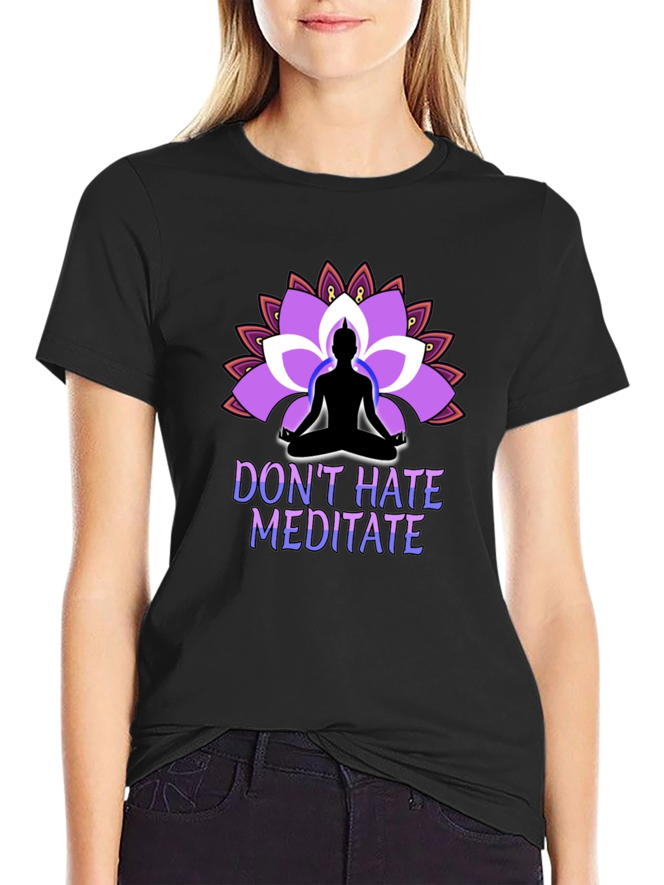 Dont Hate Meditate Black T-Shirt Lotus Design