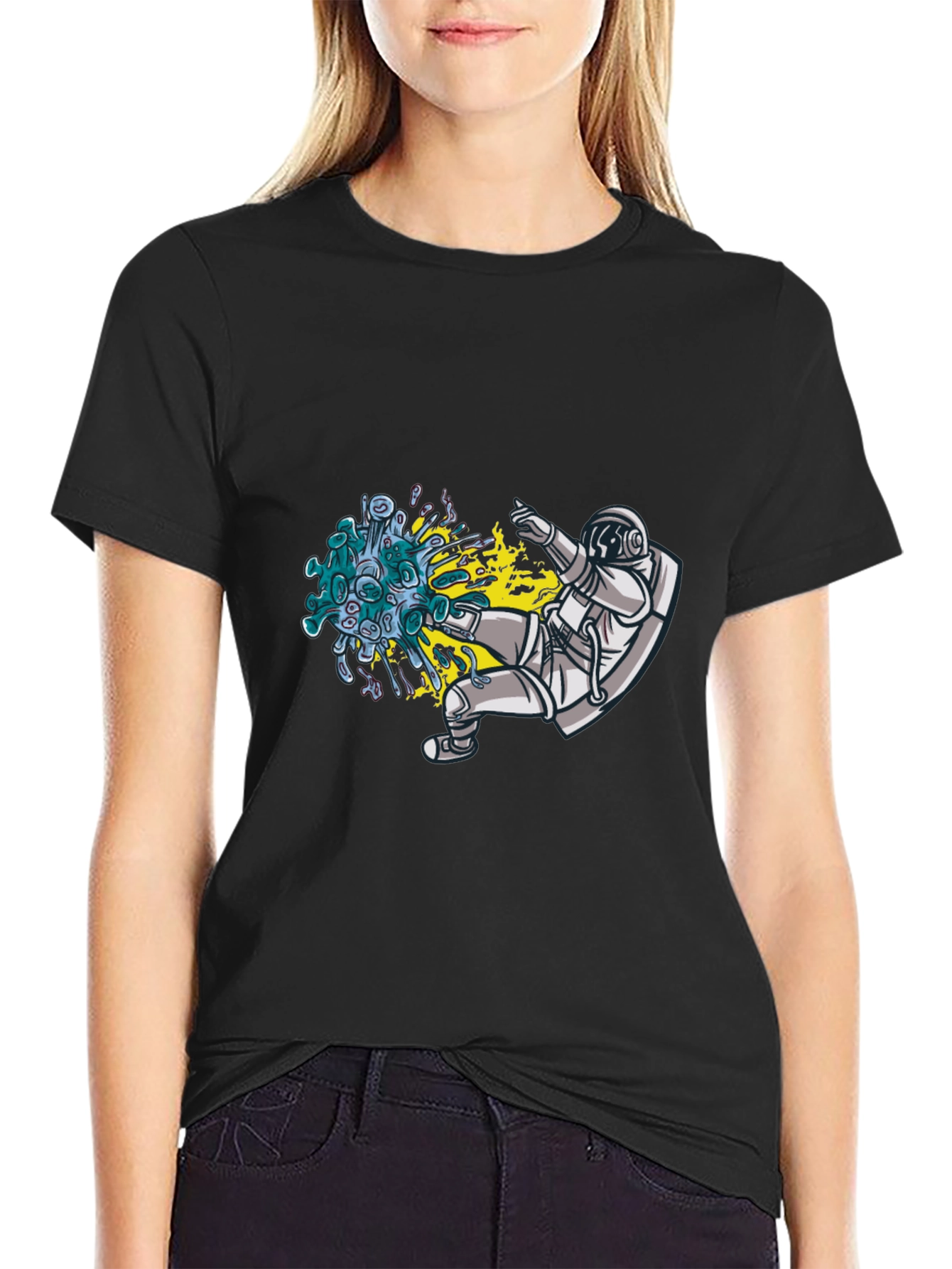 Astronaut Kicking Virus Graphic T-Shirt