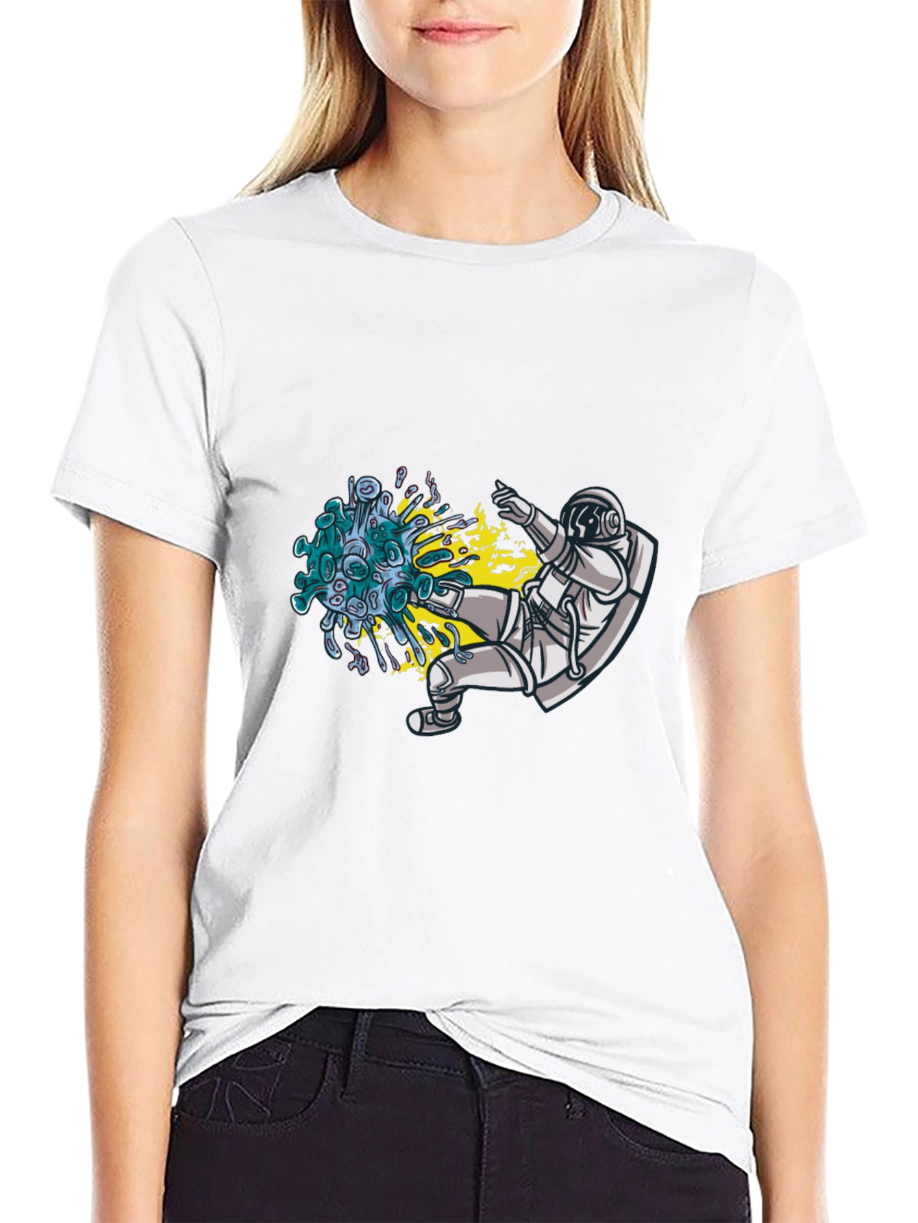 Astronaut Kicking Virus Graphic T-Shirt