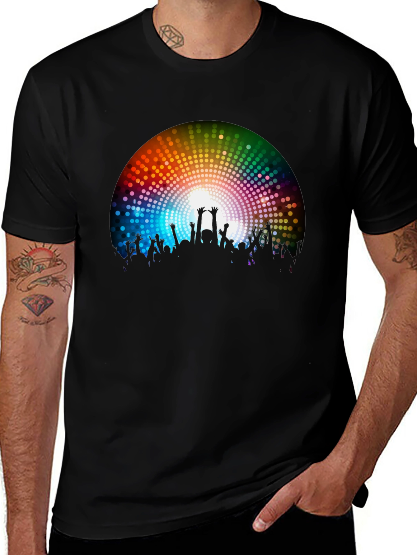 Rainbow Crowd Black T-Shirt - Party Vibes