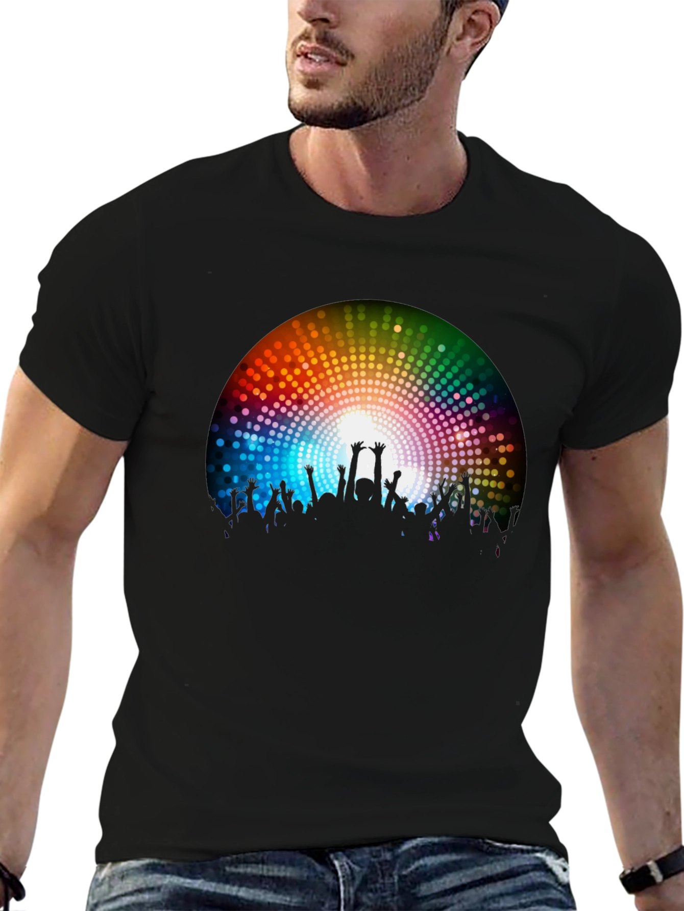 Rainbow Crowd Black T-Shirt - Party Vibes