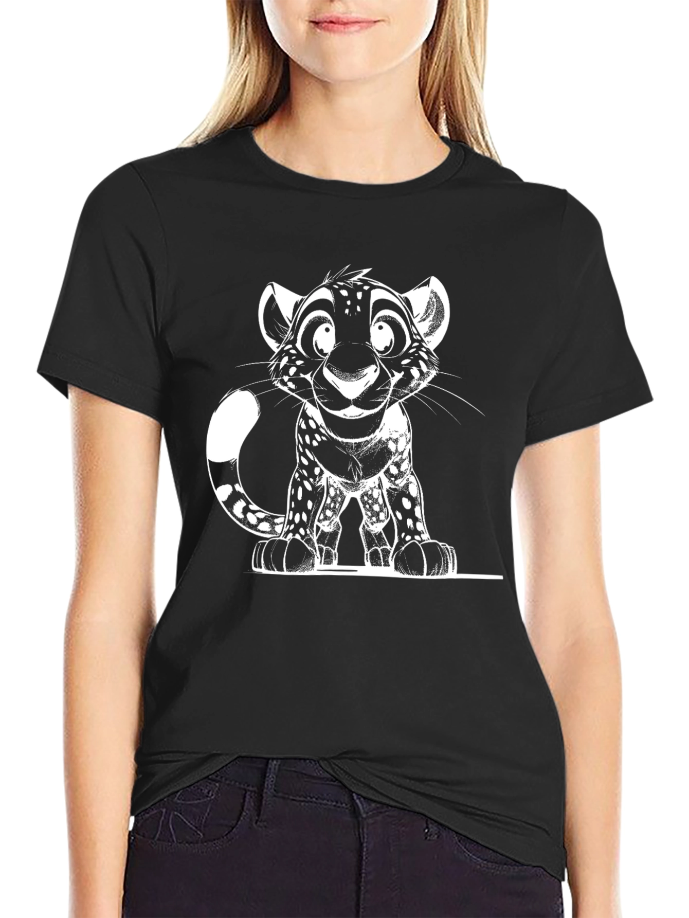 Cartoon Leopard Graphic Black T-Shirt