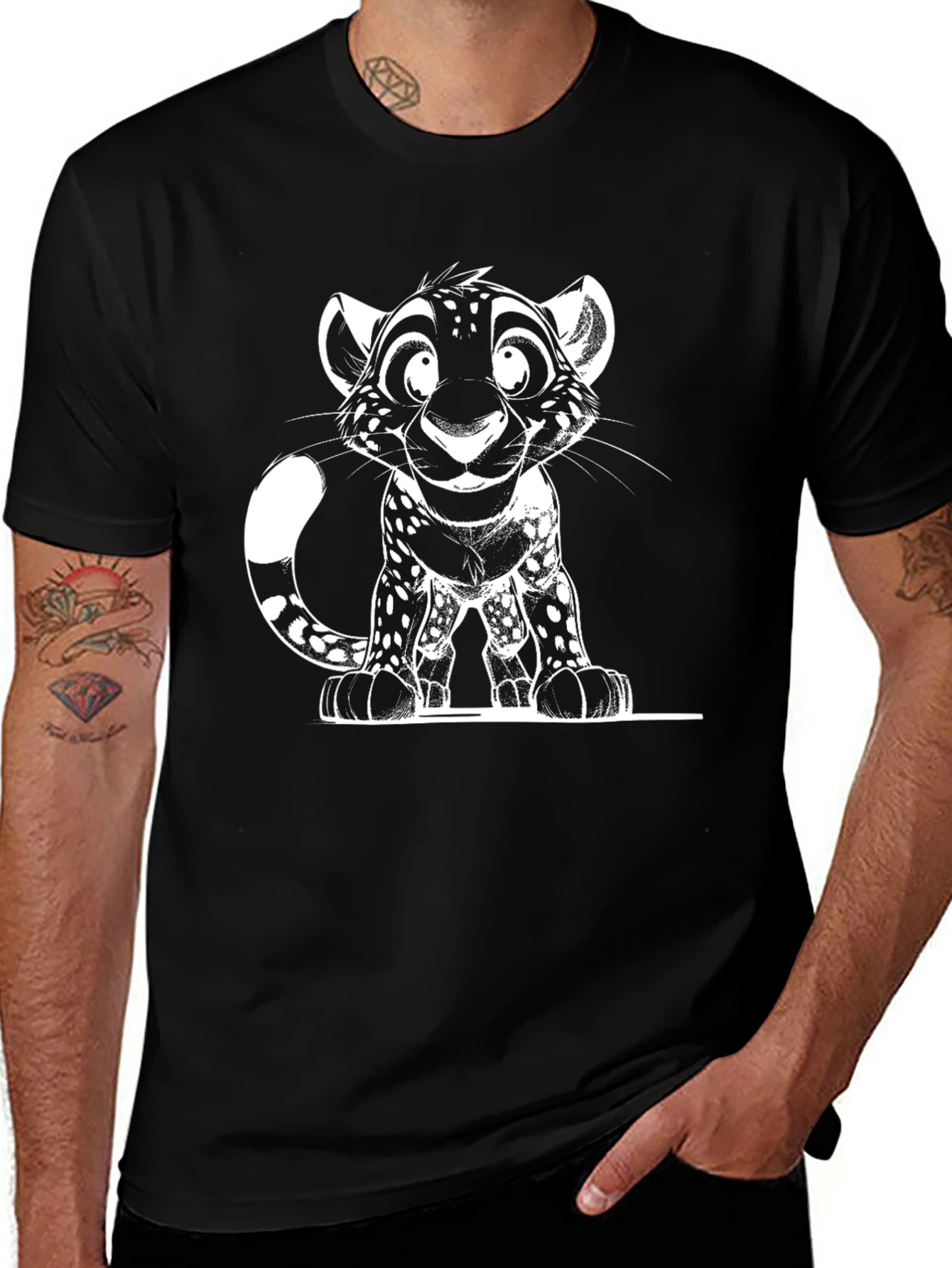 Cartoon Leopard Graphic Black T-Shirt