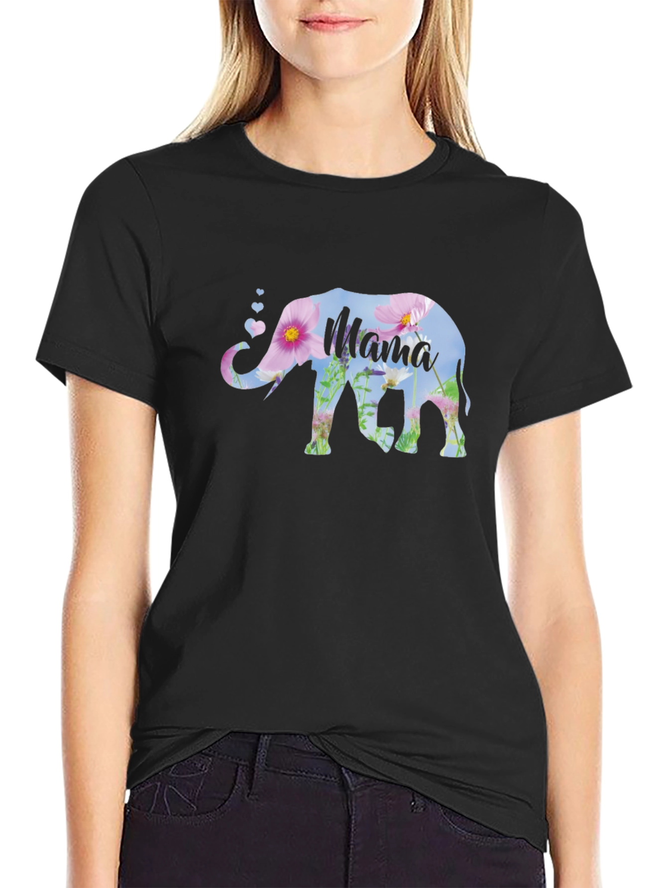 Mama Elephant Floral Graphic Tee - Black
