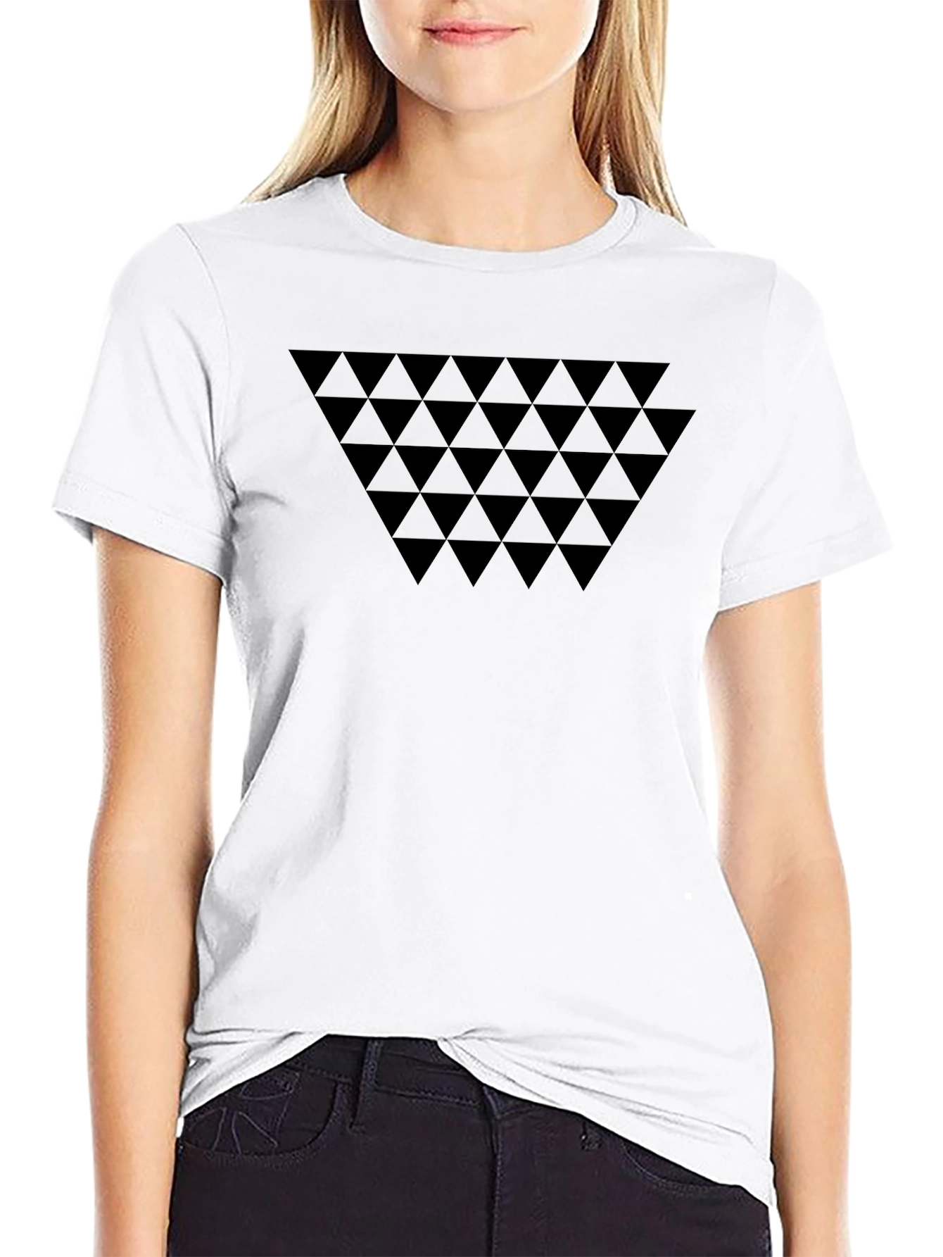 Geometric Triangle Pattern Black Crew Neck T-Shirt
