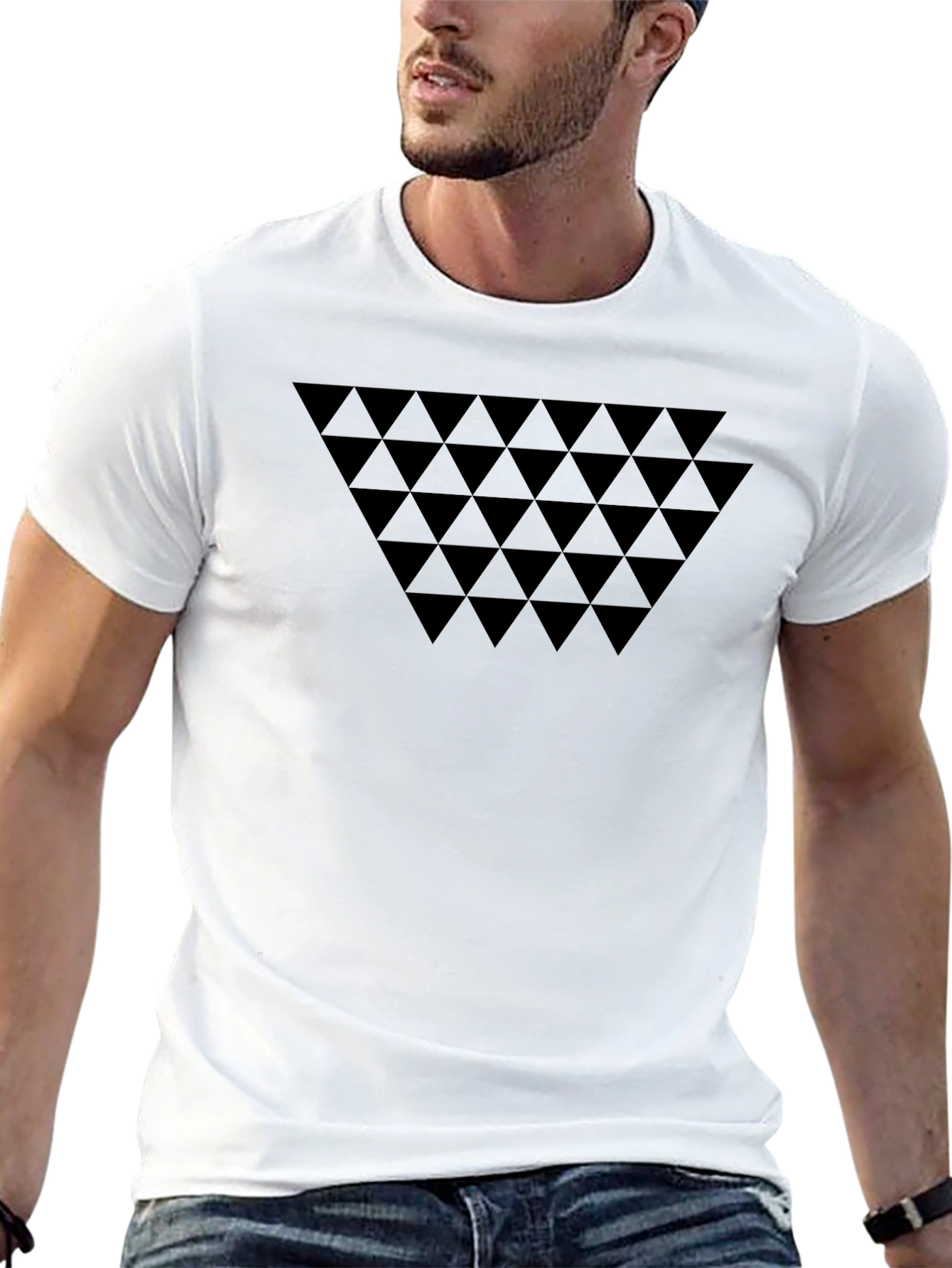 Geometric Triangle Pattern Black Crew Neck T-Shirt