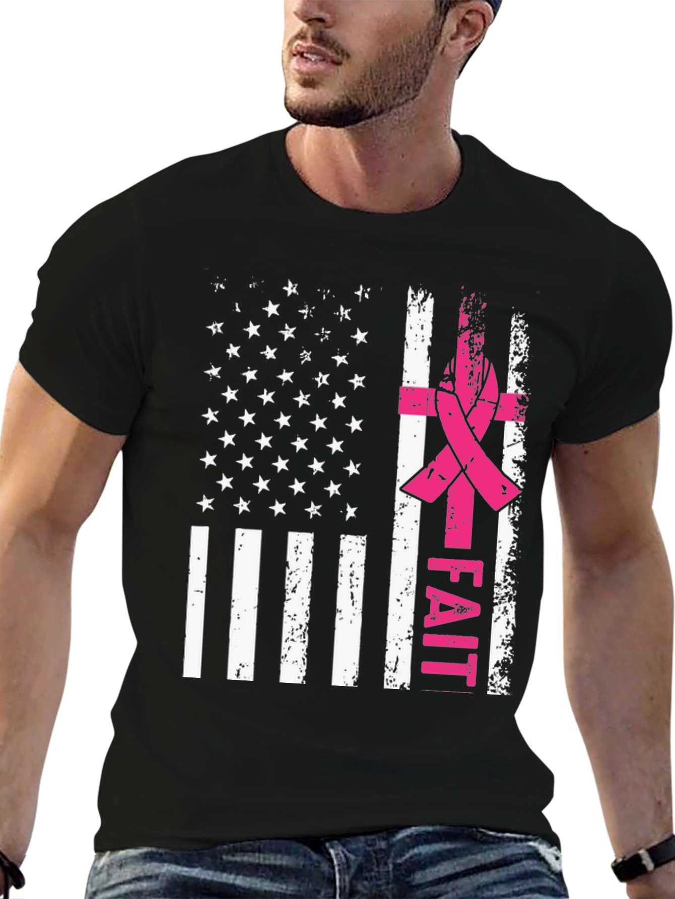 Faith Breast Cancer Awareness USA Flag T-Shirt