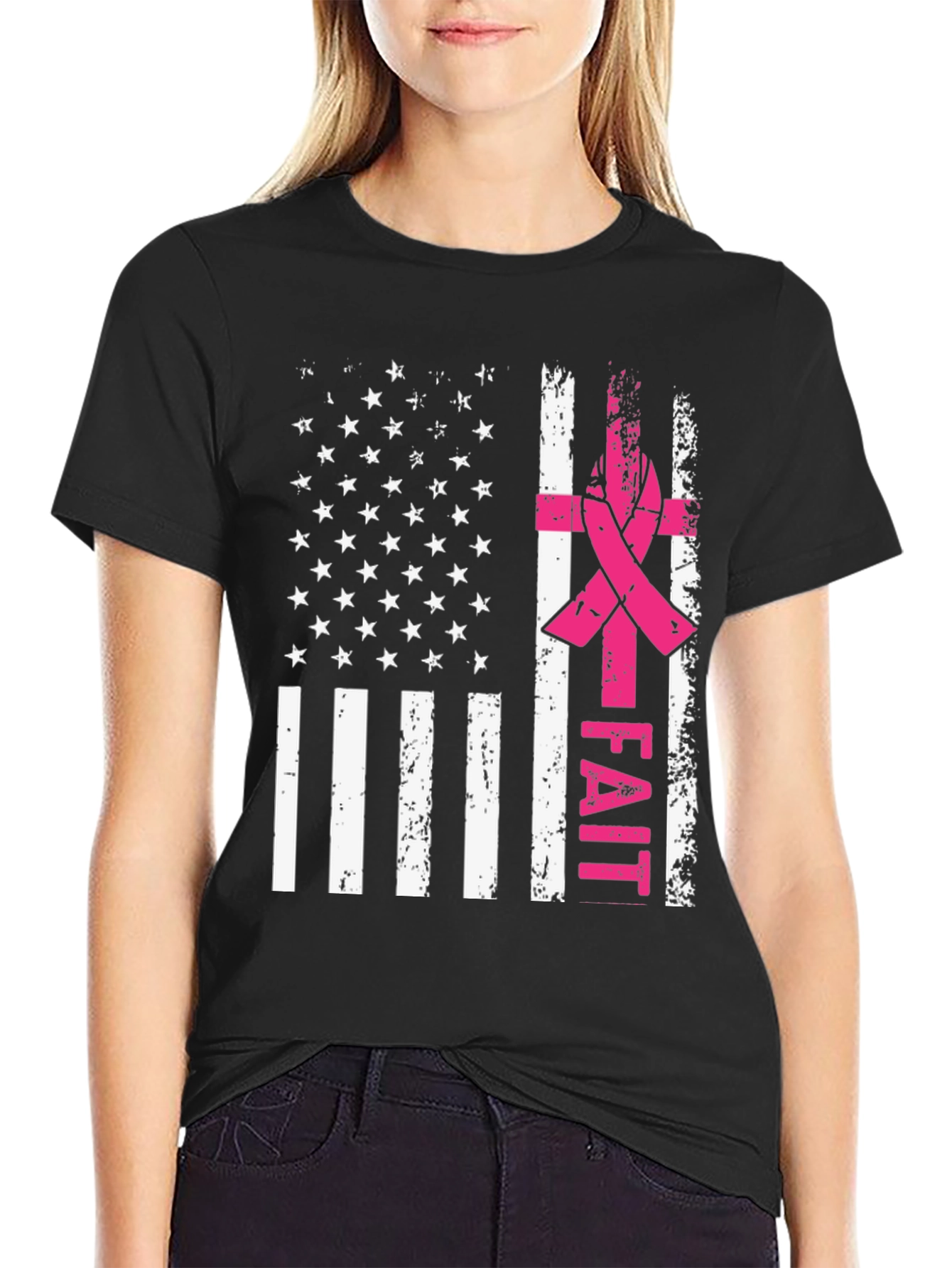 Faith Breast Cancer Awareness USA Flag T-Shirt