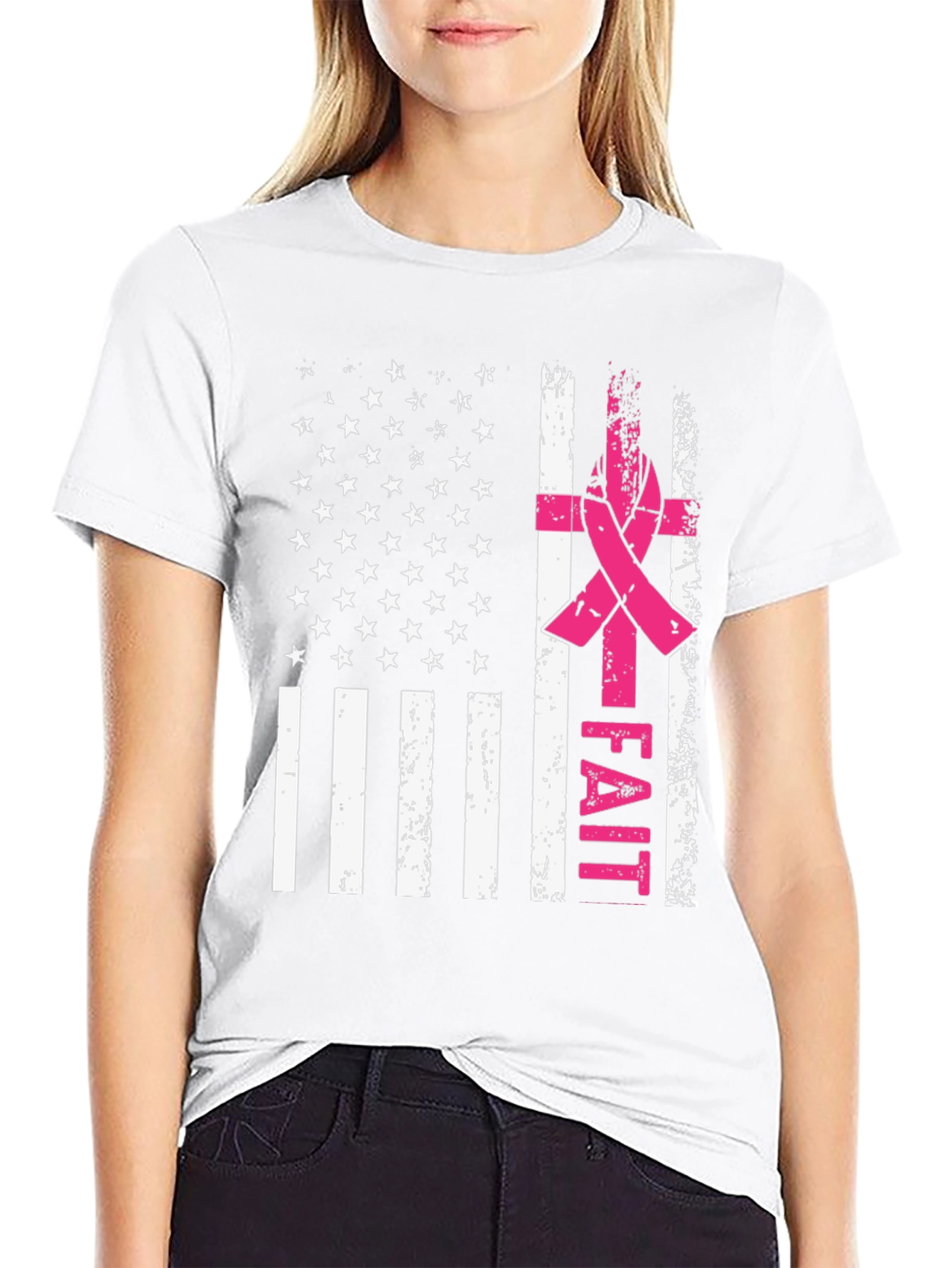 Faith Breast Cancer Awareness USA Flag T-Shirt