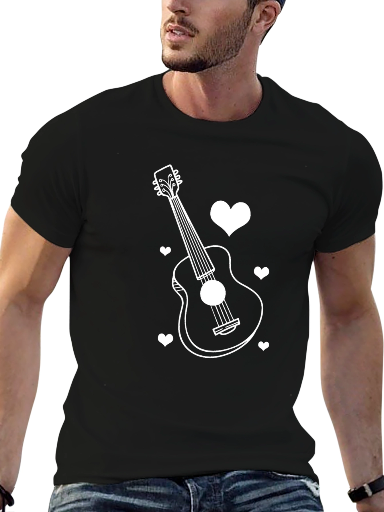 Guitar and Hearts Black T-Shirt - Music Lover Tee