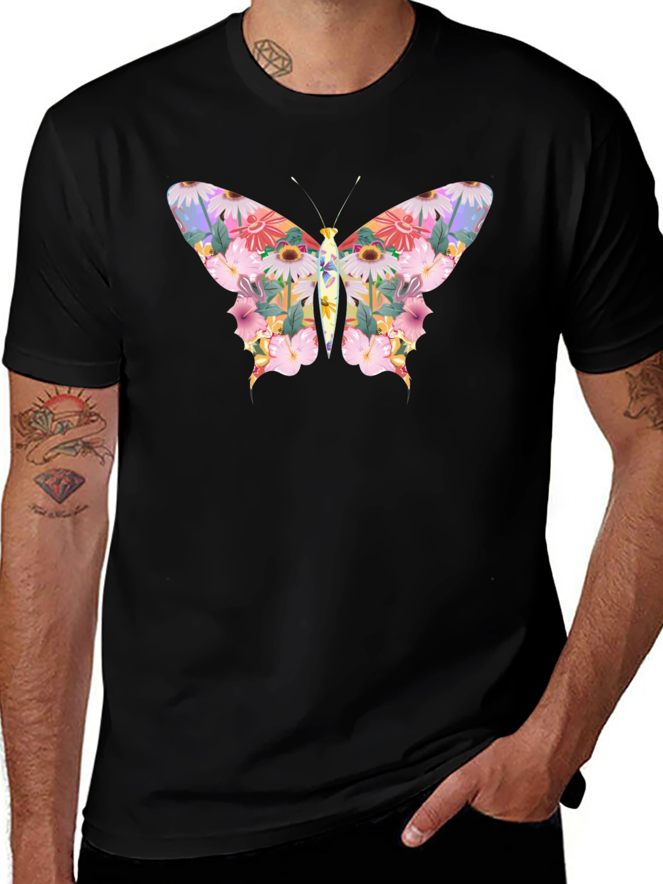 Floral Butterfly Graphic Black T-Shirt