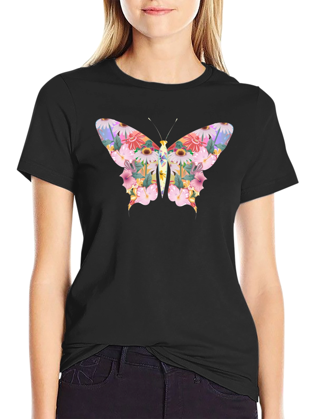 Floral Butterfly Graphic Black T-Shirt