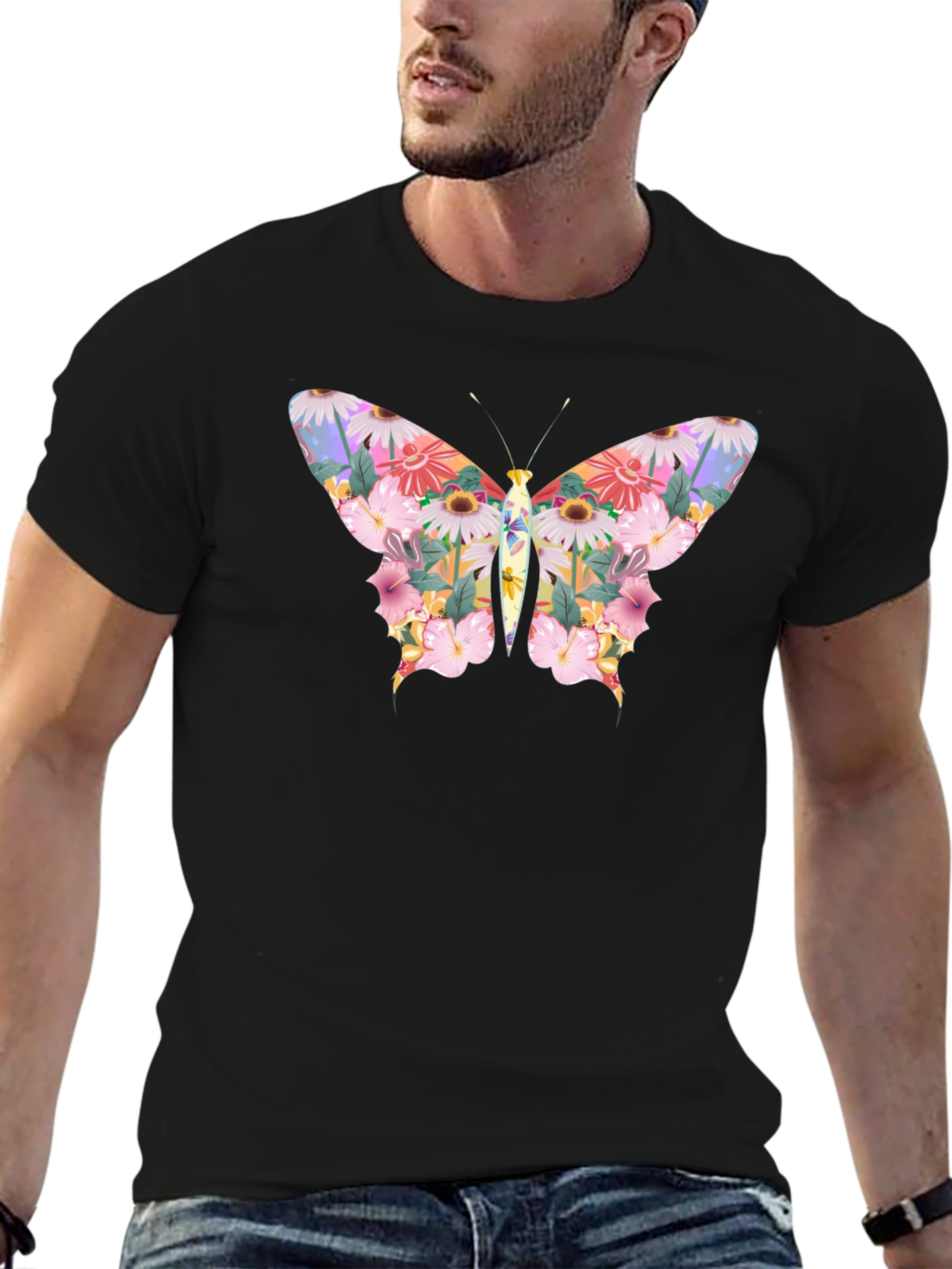 Floral Butterfly Graphic Black T-Shirt