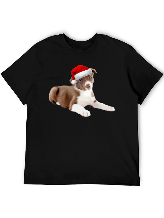 Festive Pup Tee: Brown & White Dog in Santa Hat T-Shirt