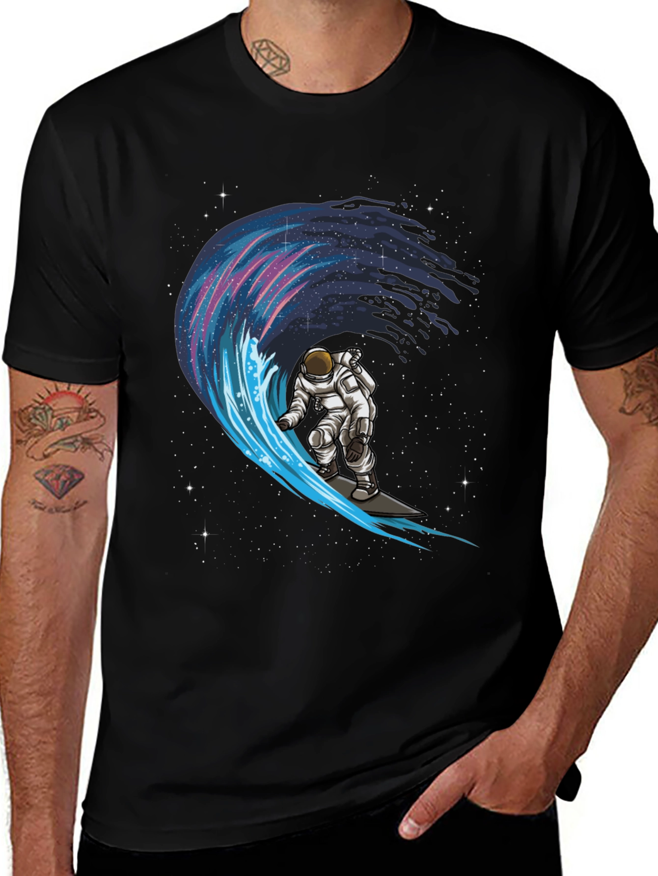 Astronaut Surfing Space Wave Graphic T-Shirt